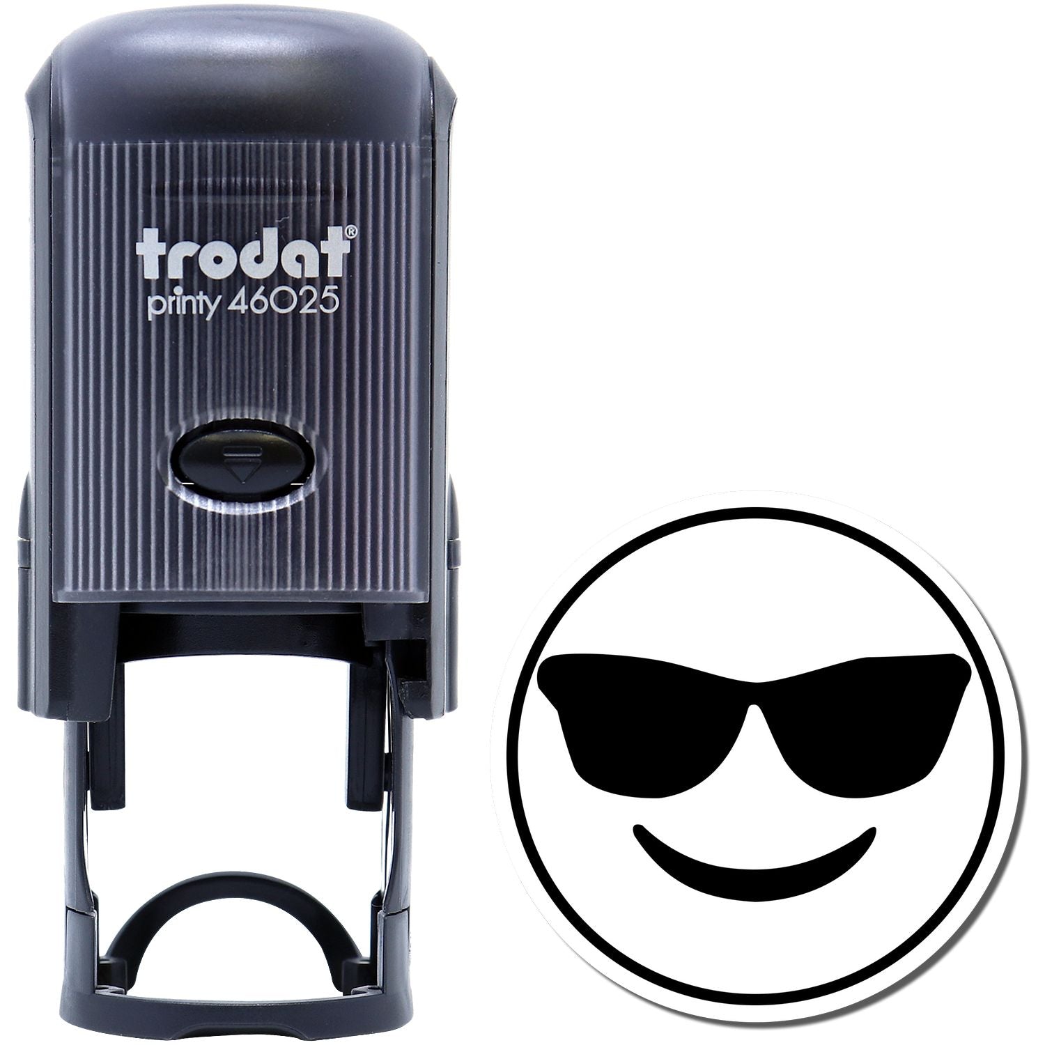 Self Inking Round Smiley with Sunglasses Stamp by Trodat, featuring a black casing and a smiley face with sunglasses imprint.