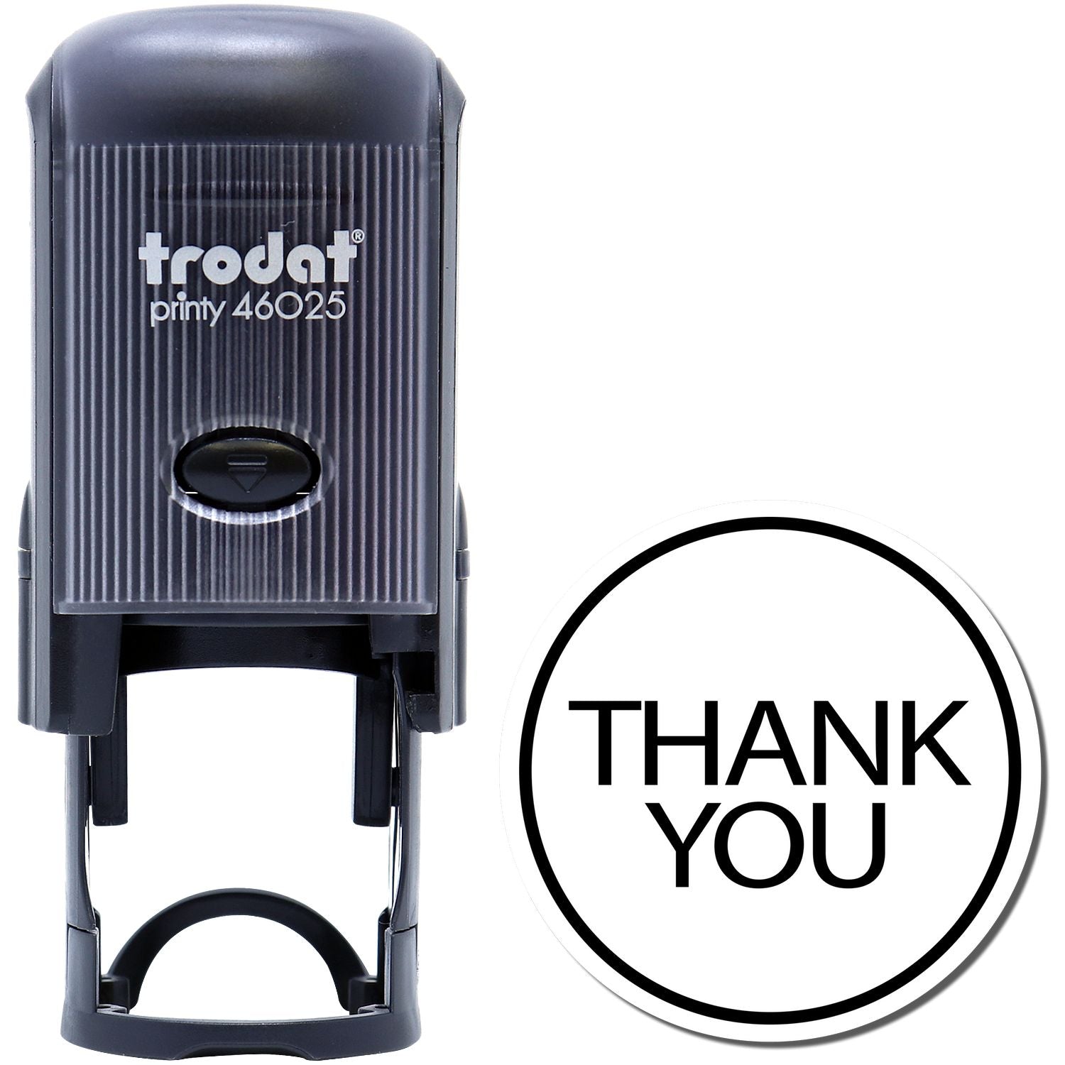 Self Inking Round Thank You Stamp by Trodat, model 46025, in black. The stamp is shown with a THANK YOU imprint next to it.