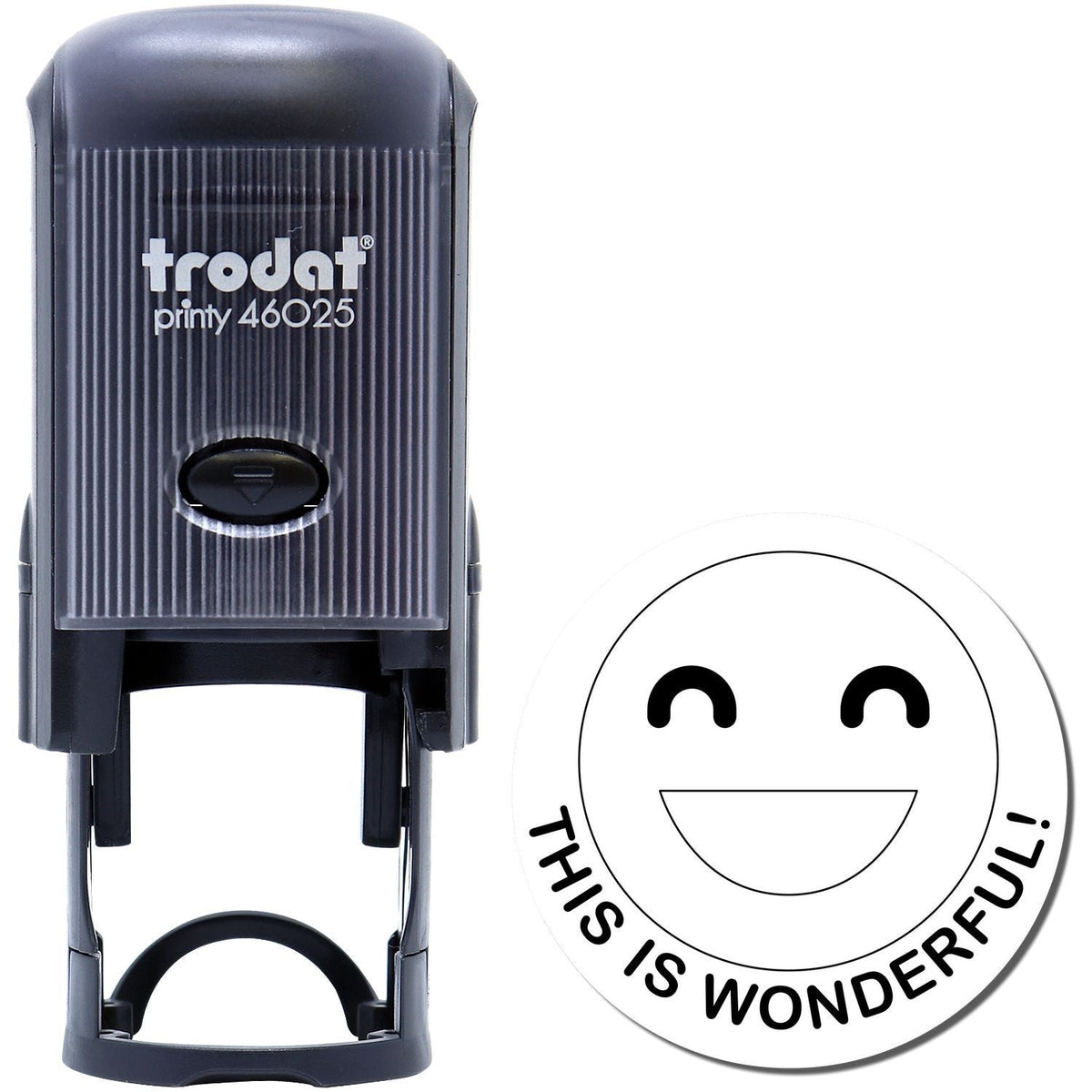 A Round This is Wonderful Smiley Self-Inking Stamp with a stamped image showing how the text &quot;THIS IS WONDERFUL!&quot; with a smiley will display after stamping.