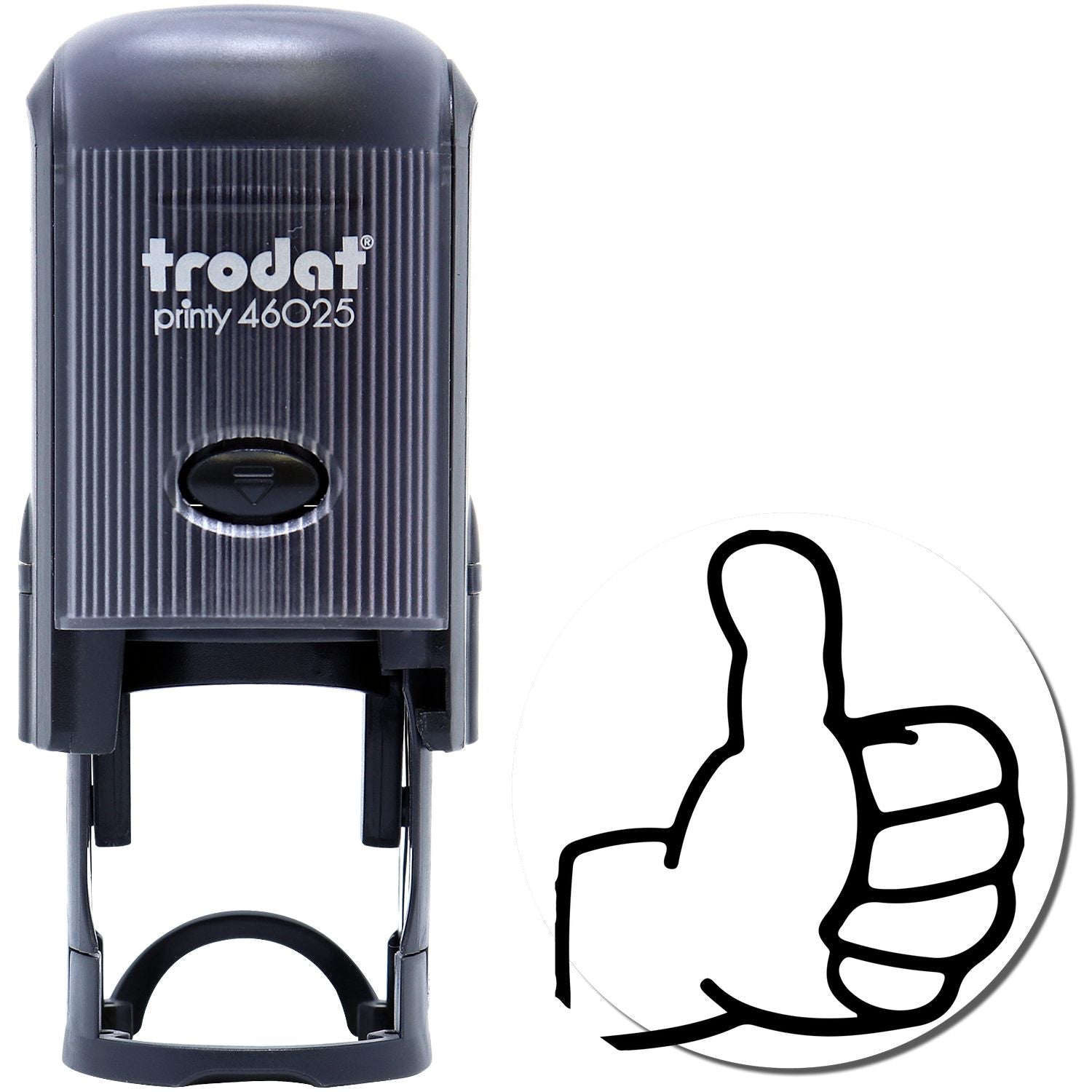 Self Inking Round Thumbs Up Stamp by Trodat, black, with a thumbs up symbol imprint, shown with the stamp and the stamped image.