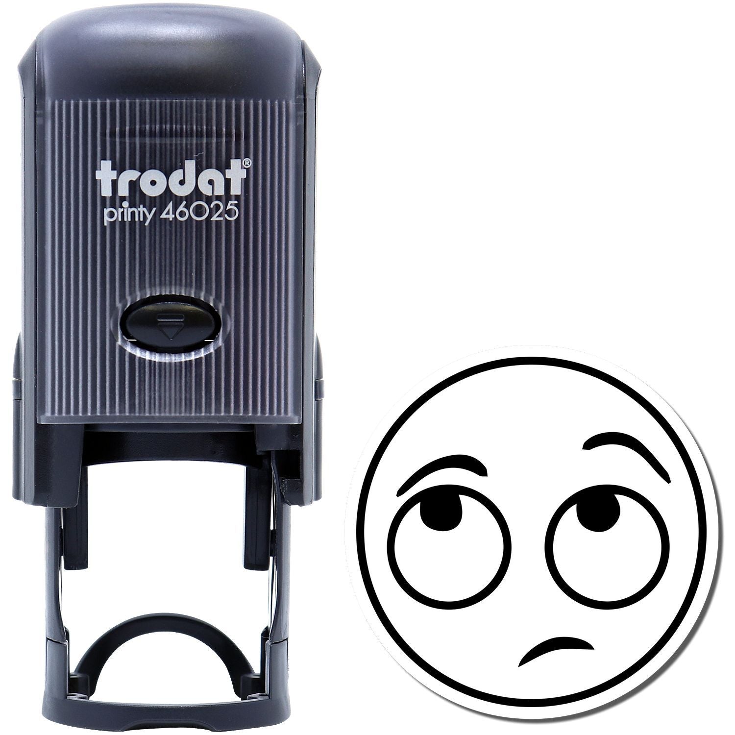 Self Inking Round Whatever Smiley Stamp with a black casing and an unimpressed smiley face design next to it.