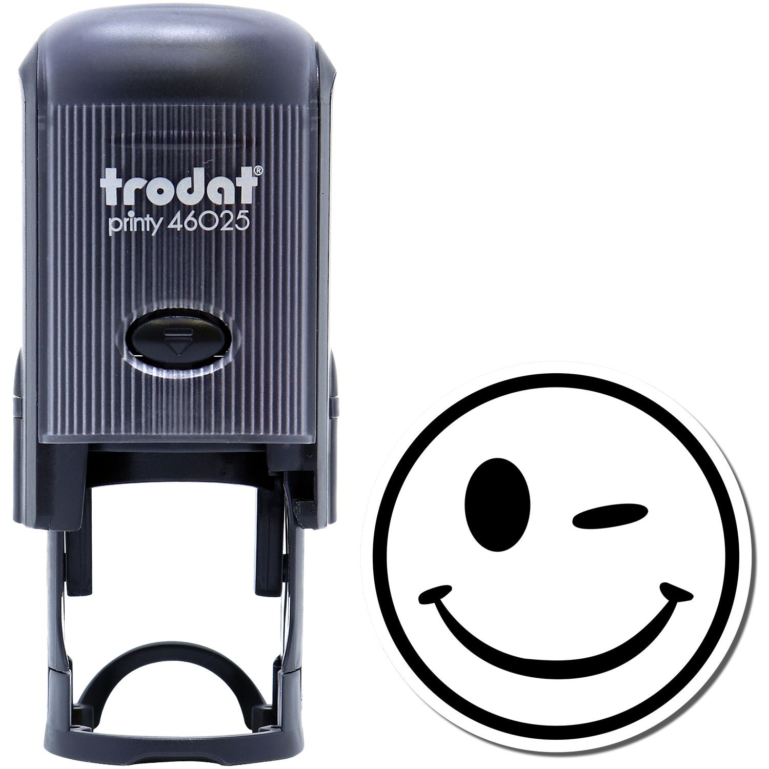 Self Inking Round Winking Smiley Stamp by Trodat, black, shown with a winking smiley face imprint next to the stamp.