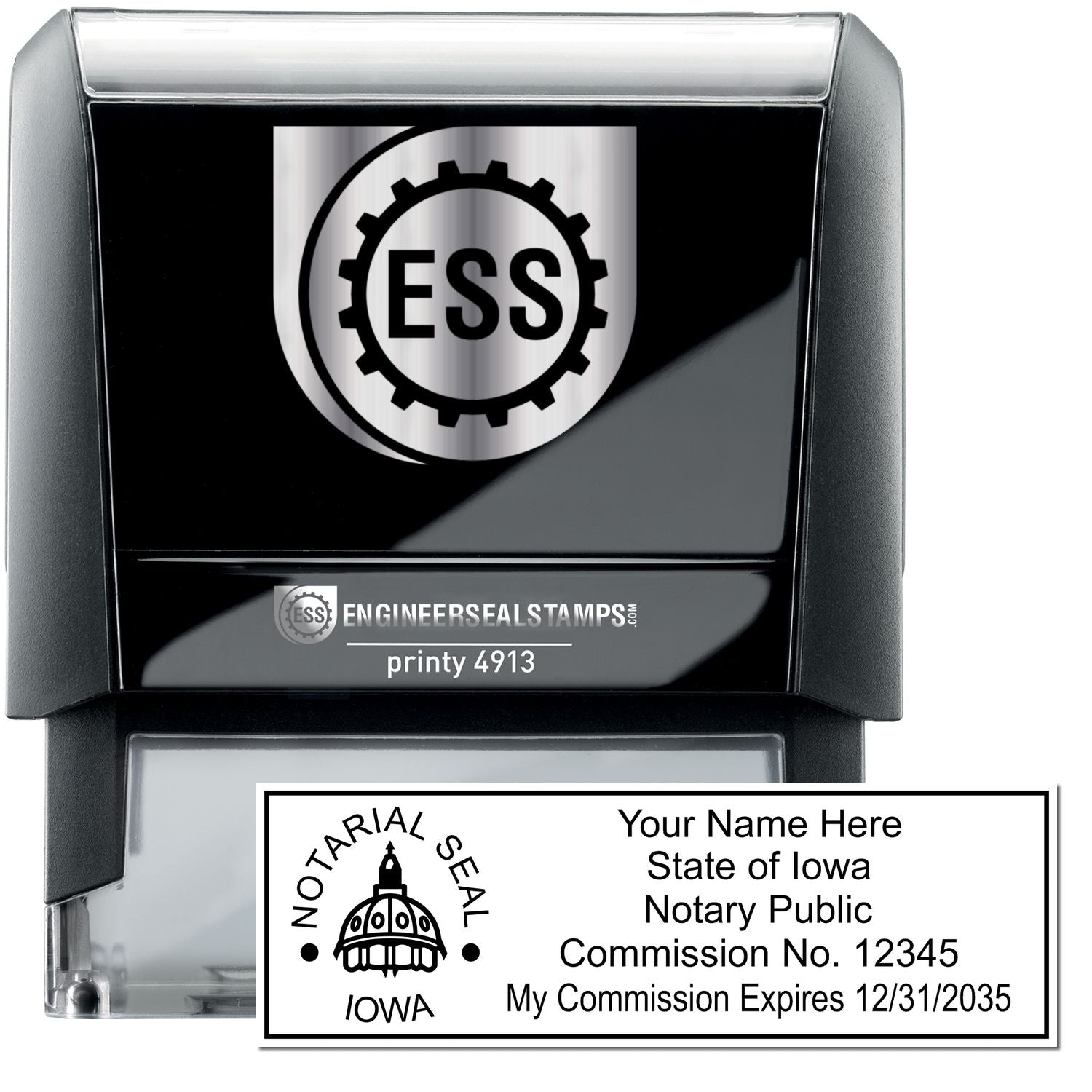 The main image for the Self-Inking State Seal Iowa Notary Stamp depicting a sample of the imprint and electronic files