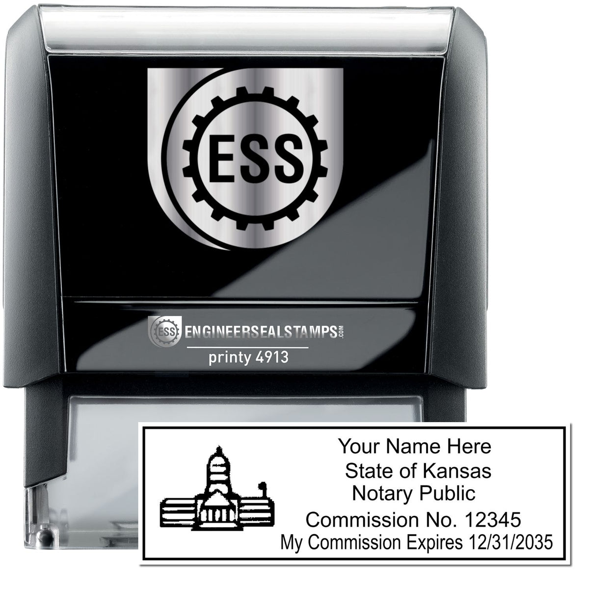 The main image for the Self-Inking State Seal Kansas Notary Stamp depicting a sample of the imprint and electronic files