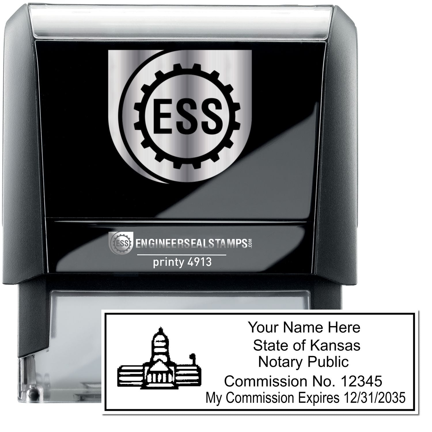 The main image for the Self-Inking State Seal Kansas Notary Stamp depicting a sample of the imprint and electronic files
