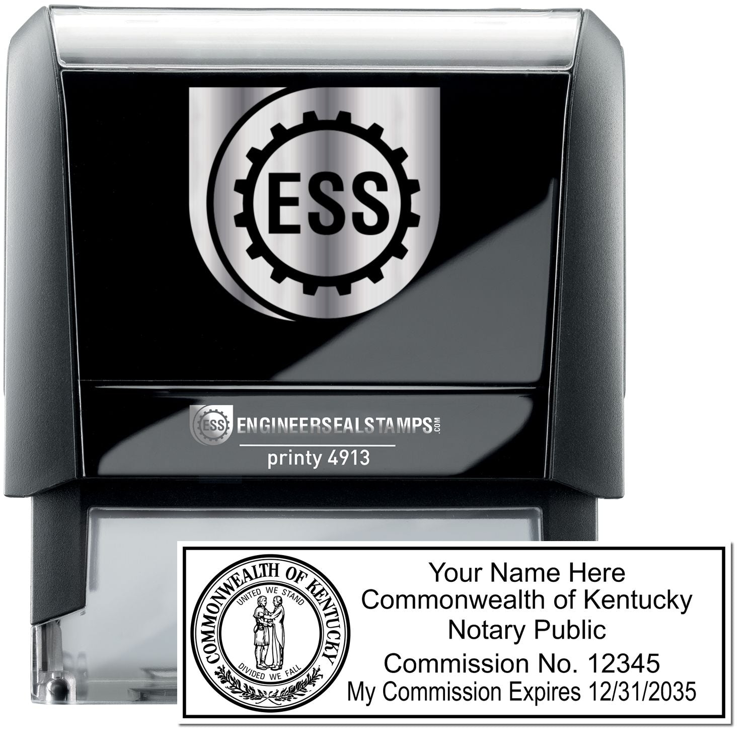 The main image for the Self-Inking State Seal Kentucky Notary Stamp depicting a sample of the imprint and electronic files