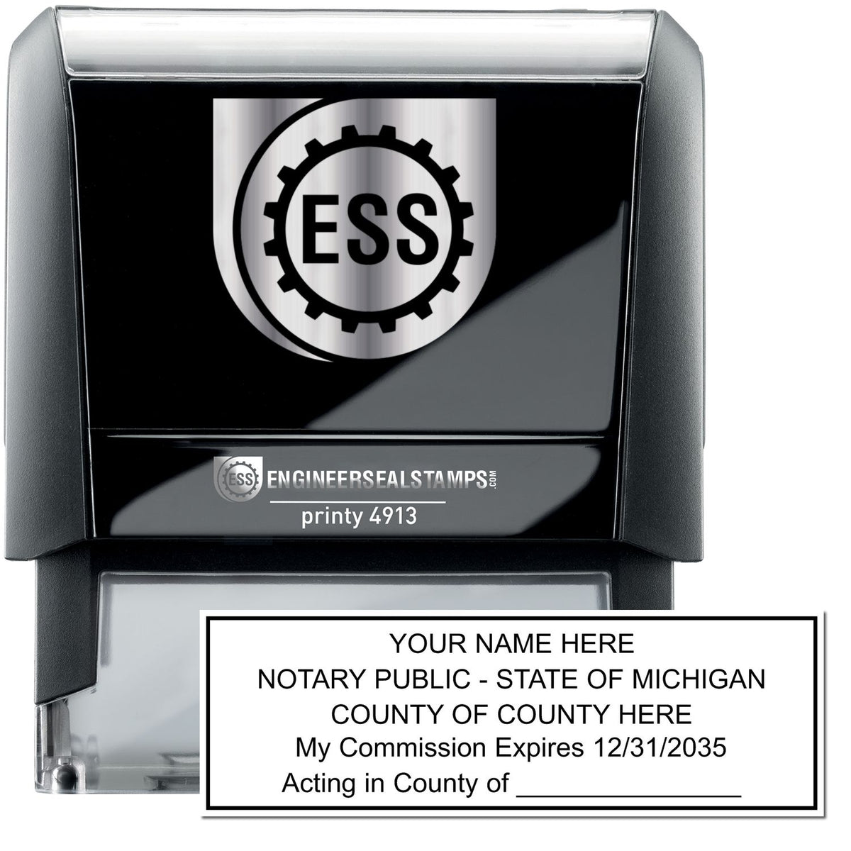 The main image for the Self-Inking State Seal Michigan Notary Stamp depicting a sample of the imprint and electronic files