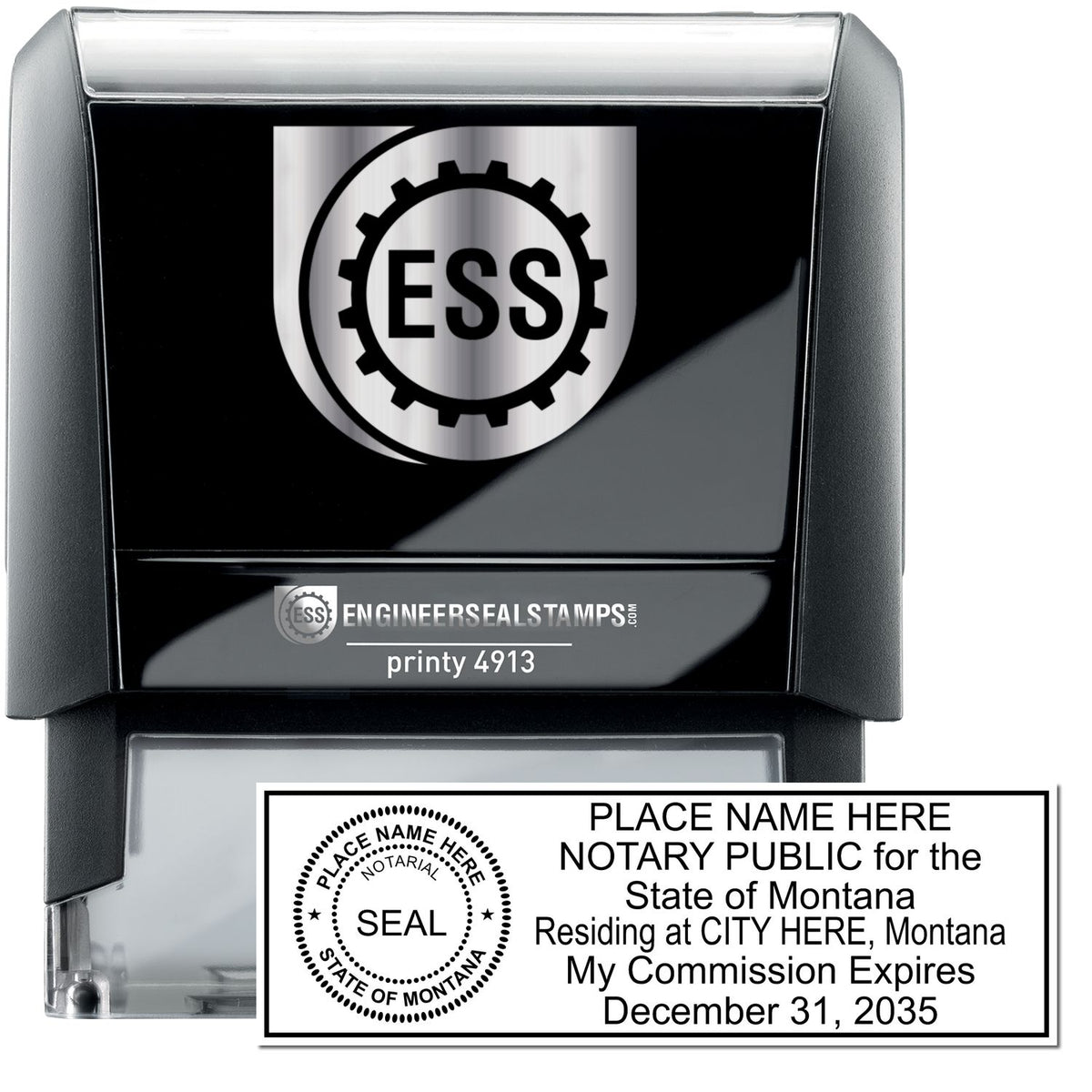 The main image for the Self-Inking State Seal Montana Notary Stamp depicting a sample of the imprint and electronic files
