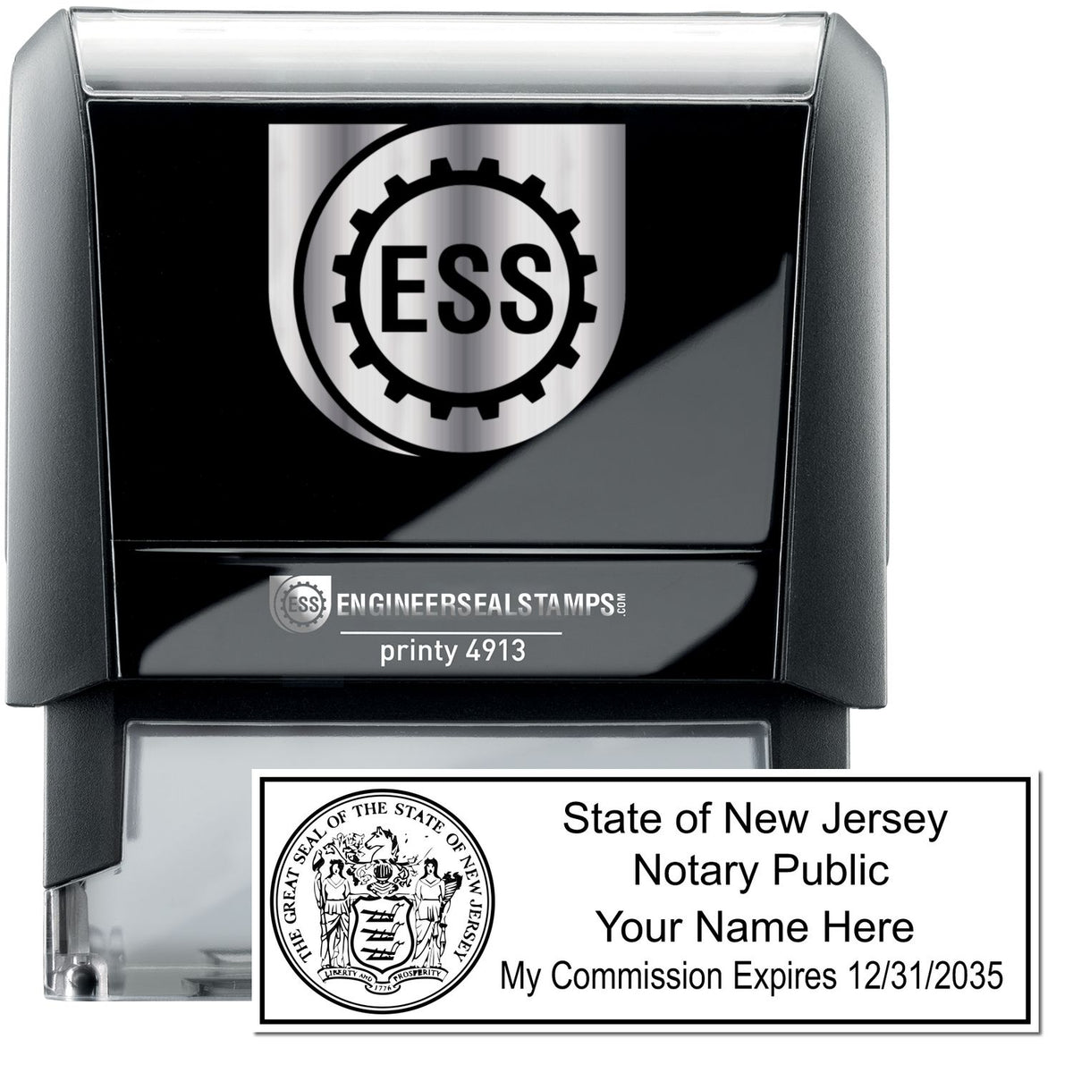 The main image for the Self-Inking State Seal New Jersey Notary Stamp depicting a sample of the imprint and electronic files