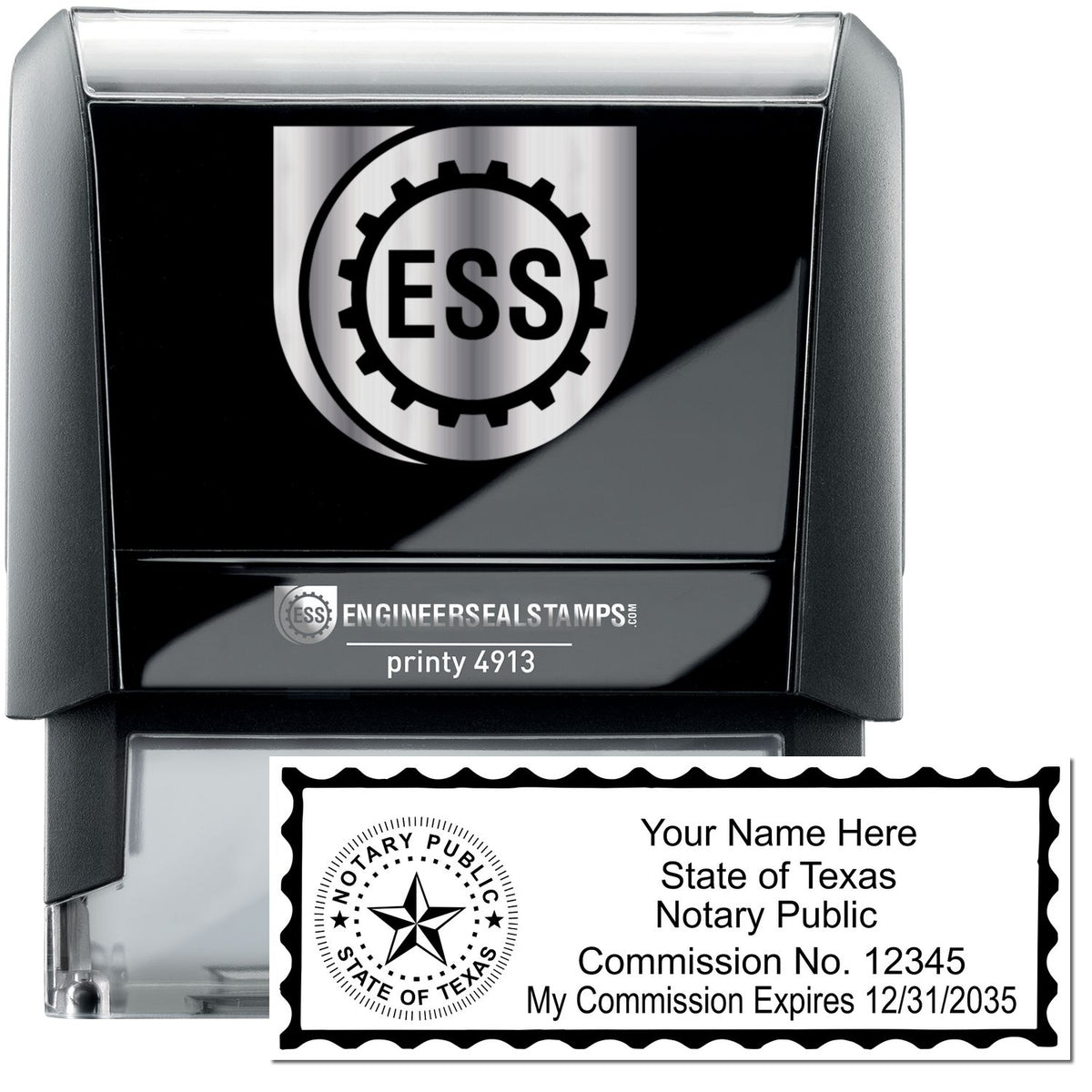 The main image for the Self-Inking State Seal Texas Notary Stamp depicting a sample of the imprint and electronic files