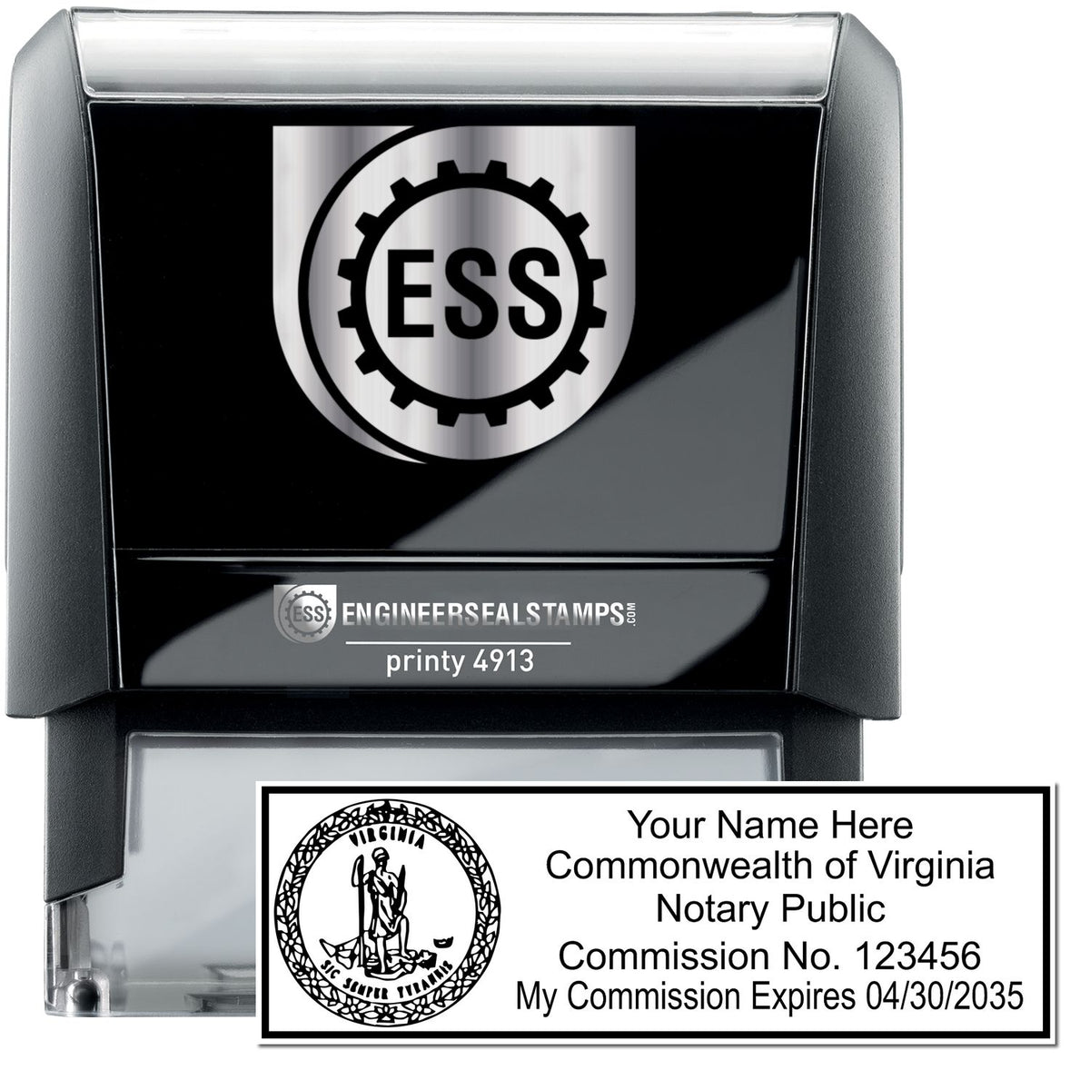 A self-inking stamp with a stamped image showing how your name, commission number, and expiration date with a round Virginia seal image on the left will appear after stamping from this notary stamp.