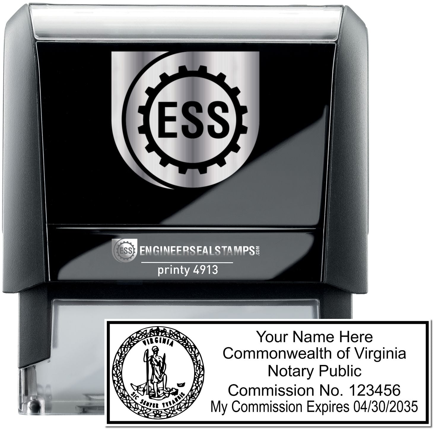 The main image for the Self-Inking State Seal Virginia Notary Stamp depicting a sample of the imprint and electronic files