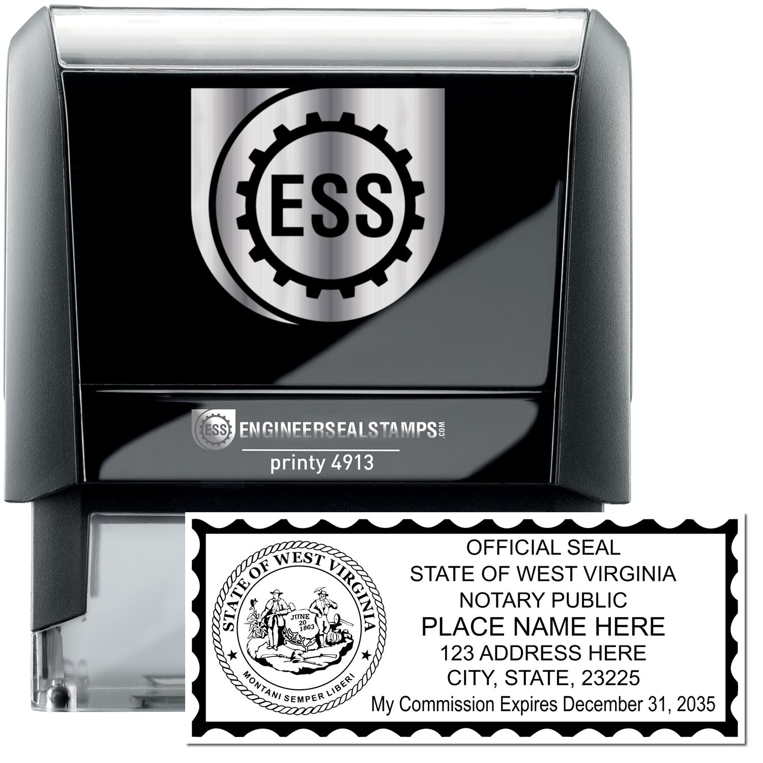 The main image for the Self-Inking State Seal West Virginia Notary Stamp depicting a sample of the imprint and electronic files