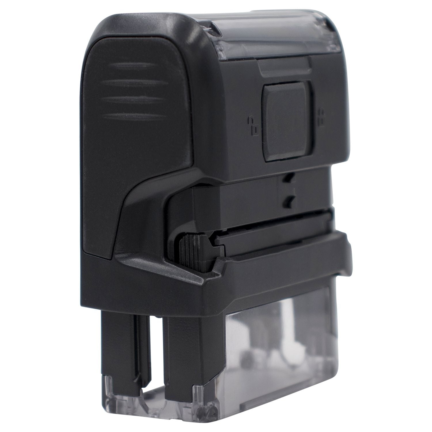 Self Inking Narrow Font Return Receipt Requested Stamp in black, shown from a side angle, highlighting its compact and ergonomic design.