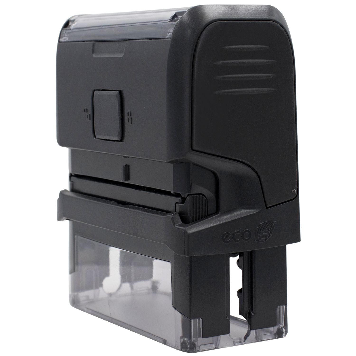 Black Self Inking No Insurance Stamp with a clear base, side angle view, eco-friendly design, and compact size for easy use and storage.