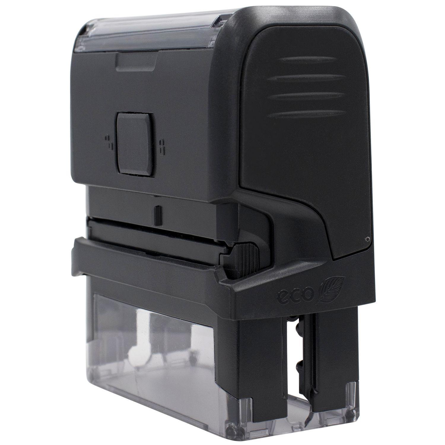 Large Self Inking Cargado Stamp in black, shown from a side angle, featuring a clear base and eco-friendly design.