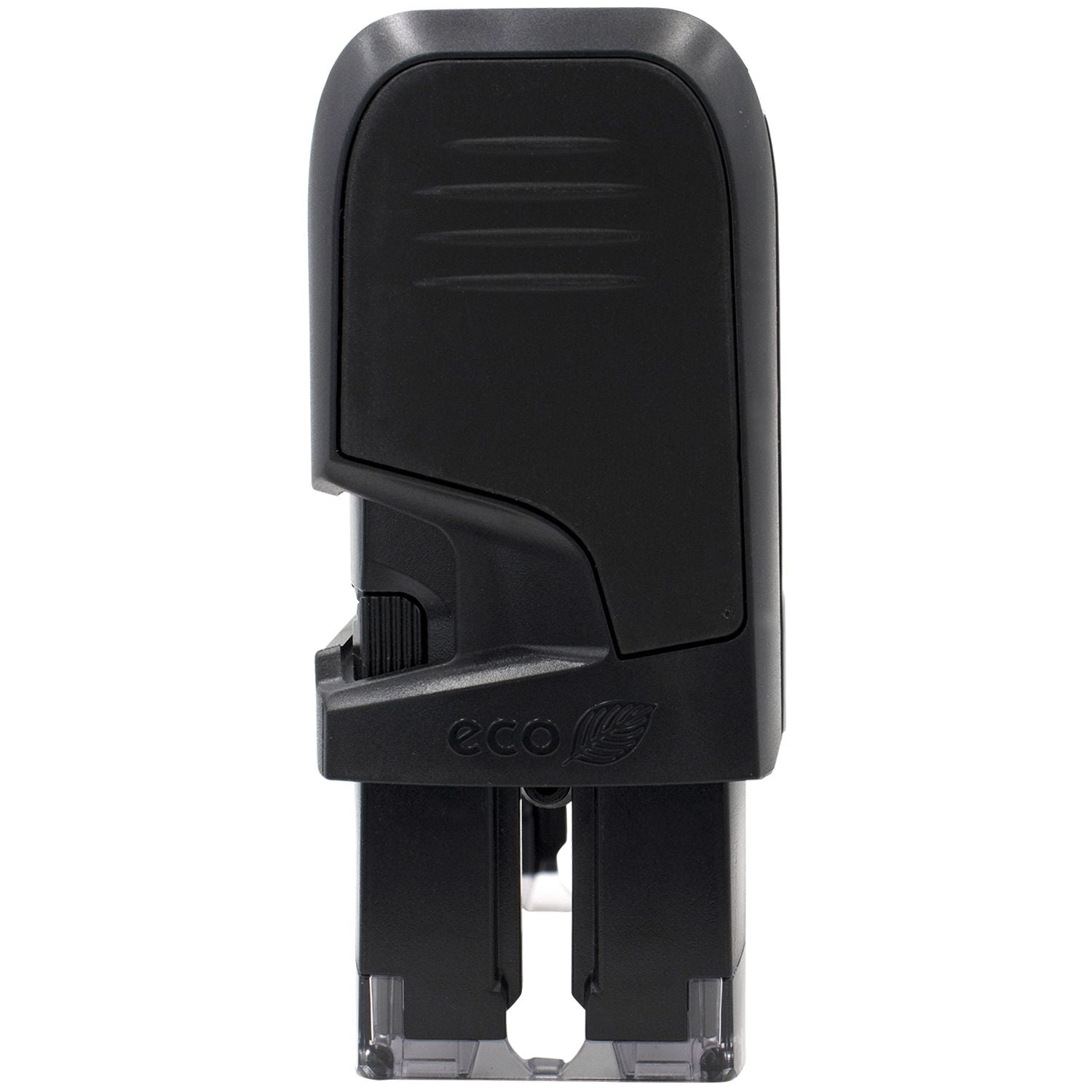 Self Inking Please Pay Now No Statements Stamp, black, eco-friendly design, standing upright with a visible stamp mechanism.