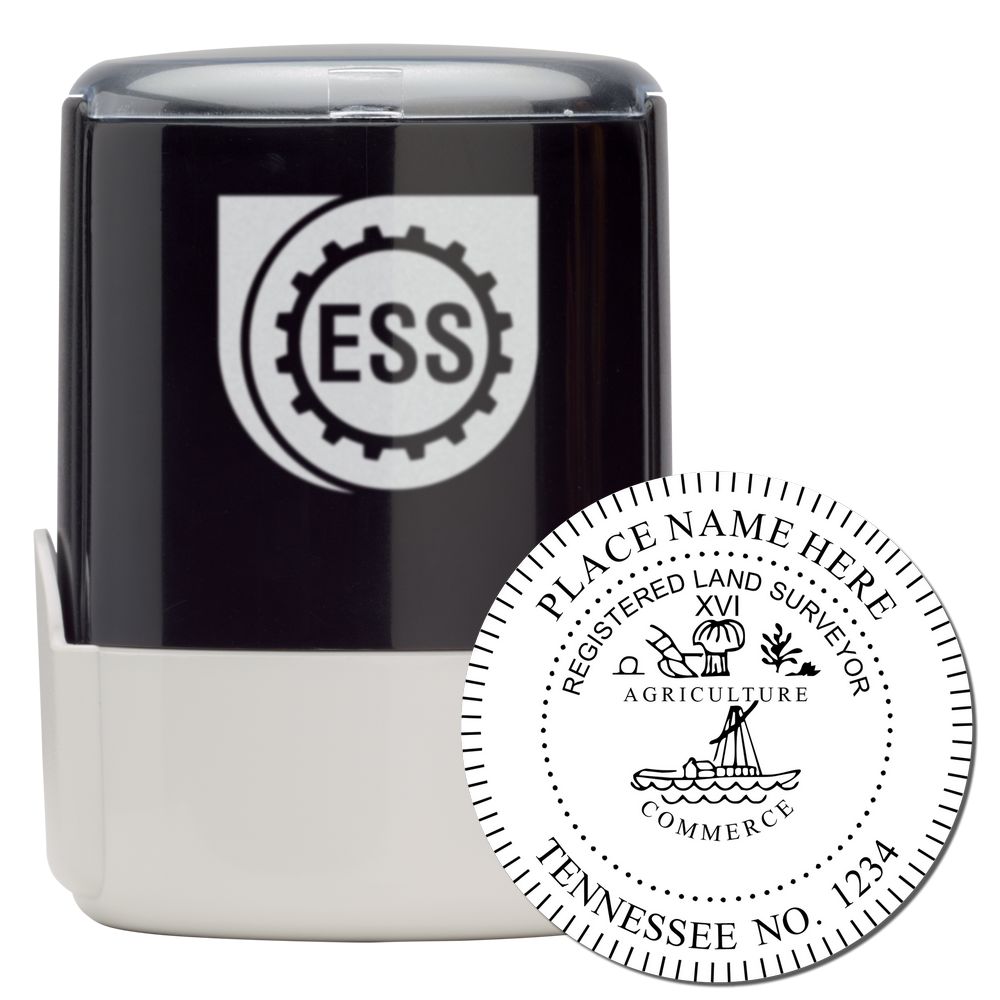 Self Inking Tennessee Land Surveyor Stamp with black and white design, featuring a circular imprint and ESS logo on the stamp body.