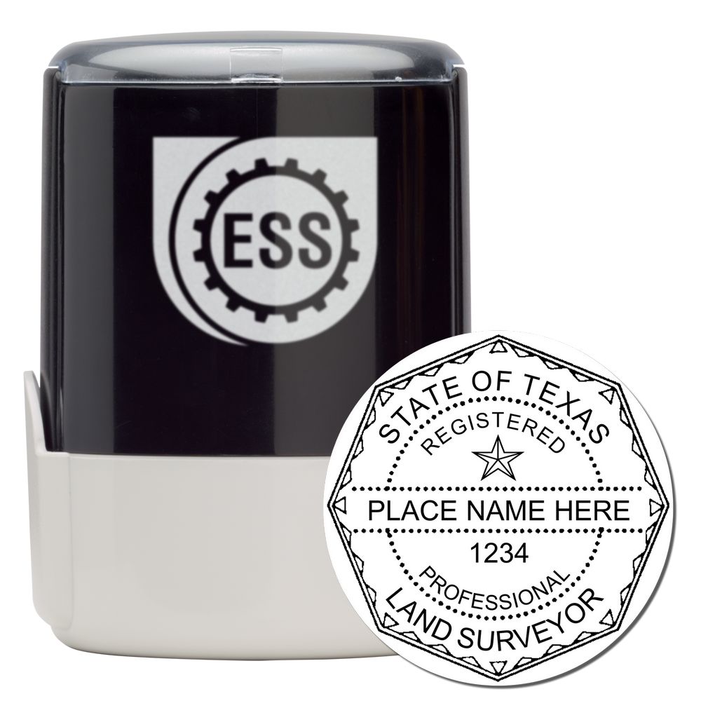 Self Inking Texas Land Surveyor Stamp with ESS logo and a sample imprint showing State of Texas Registered Professional Land Surveyor.