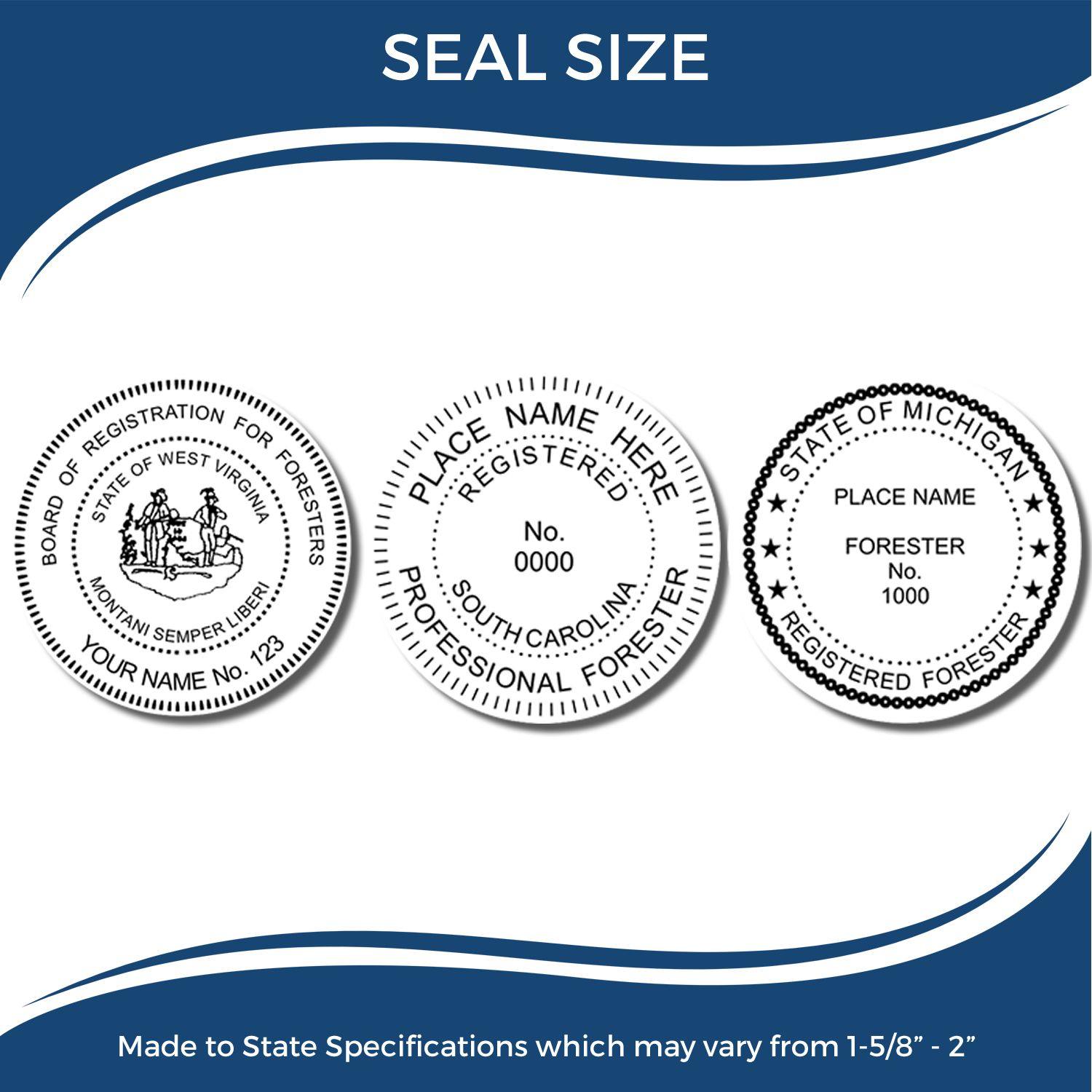 Three Forester Hybrid Seal Embosser designs with customizable text, made to state specifications, shown in a circular format.
