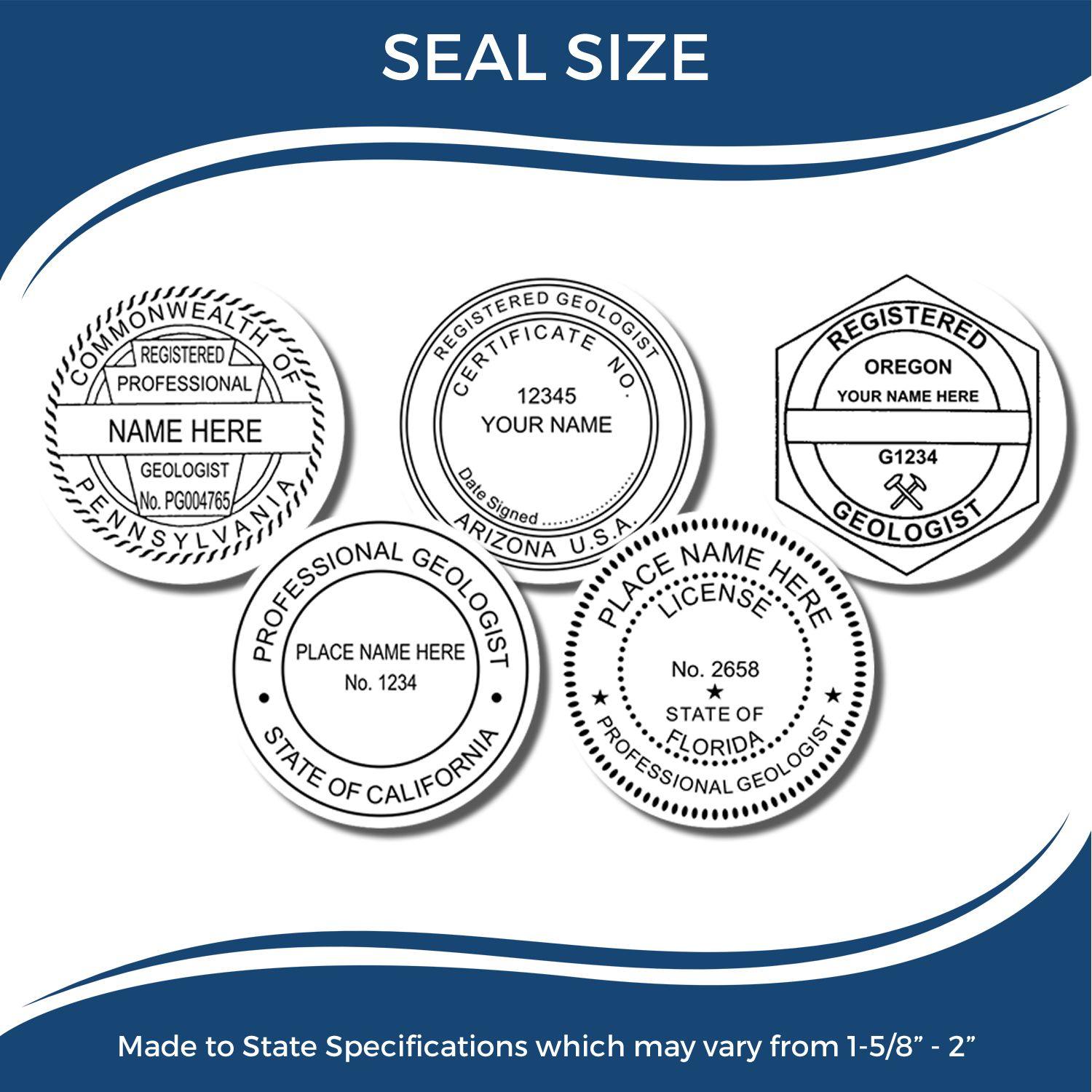 Image showing five different seal designs for the Geologist Blue Soft Seal Handheld Embosser, with text indicating varying state specifications.