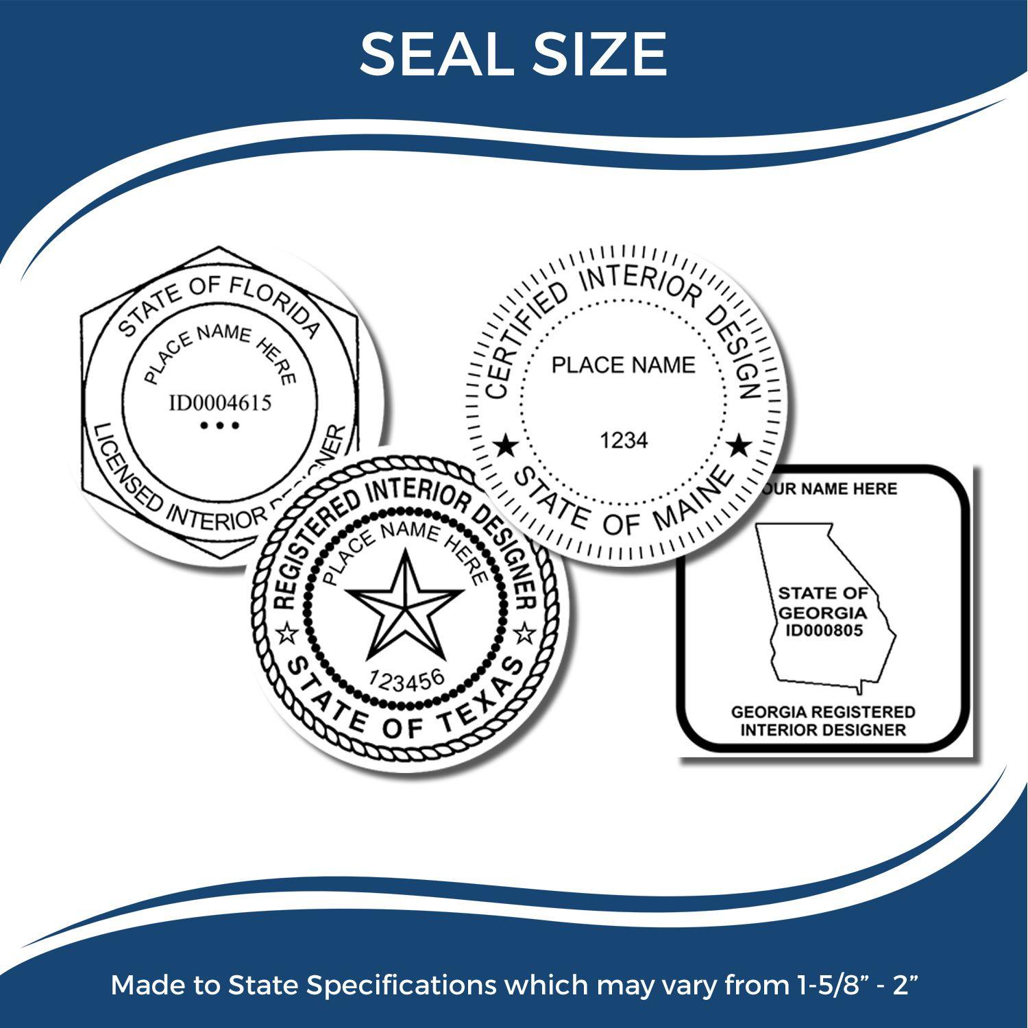 Image showing various designs of the Interior Designer eSeal Electronic Image Stamp of Seal, including state-specific and certified options.