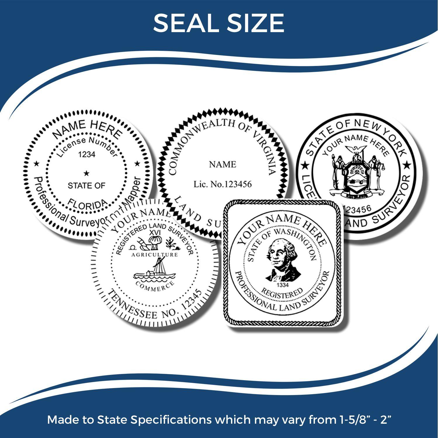 Image showing various state-specific designs of the Land Surveyor Gold Gift Seal Embosser, with sizes ranging from 1-5/8 to 2 .
