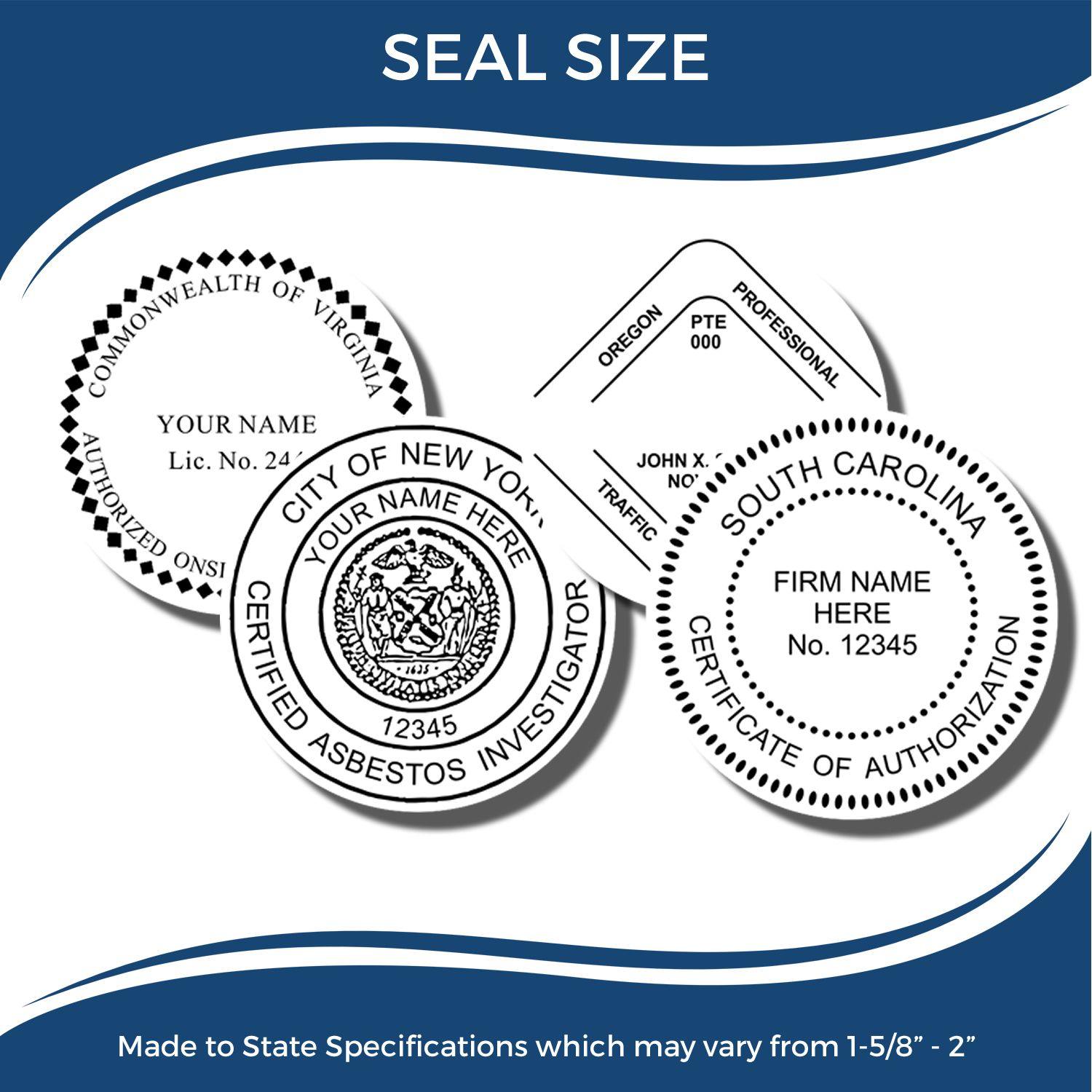 Image showing various seal designs with the Professional Blue Soft Seal Embosser, made to state specifications, ranging from 1-5/8 to 2 .