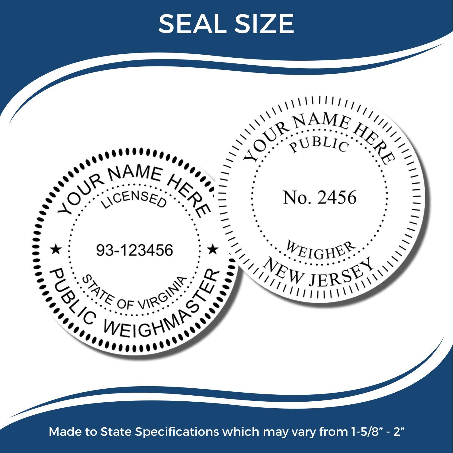 Image showing two sample seals for the Public Weighmaster Black Gift Seal Embosser, customizable with name, license number, and state.