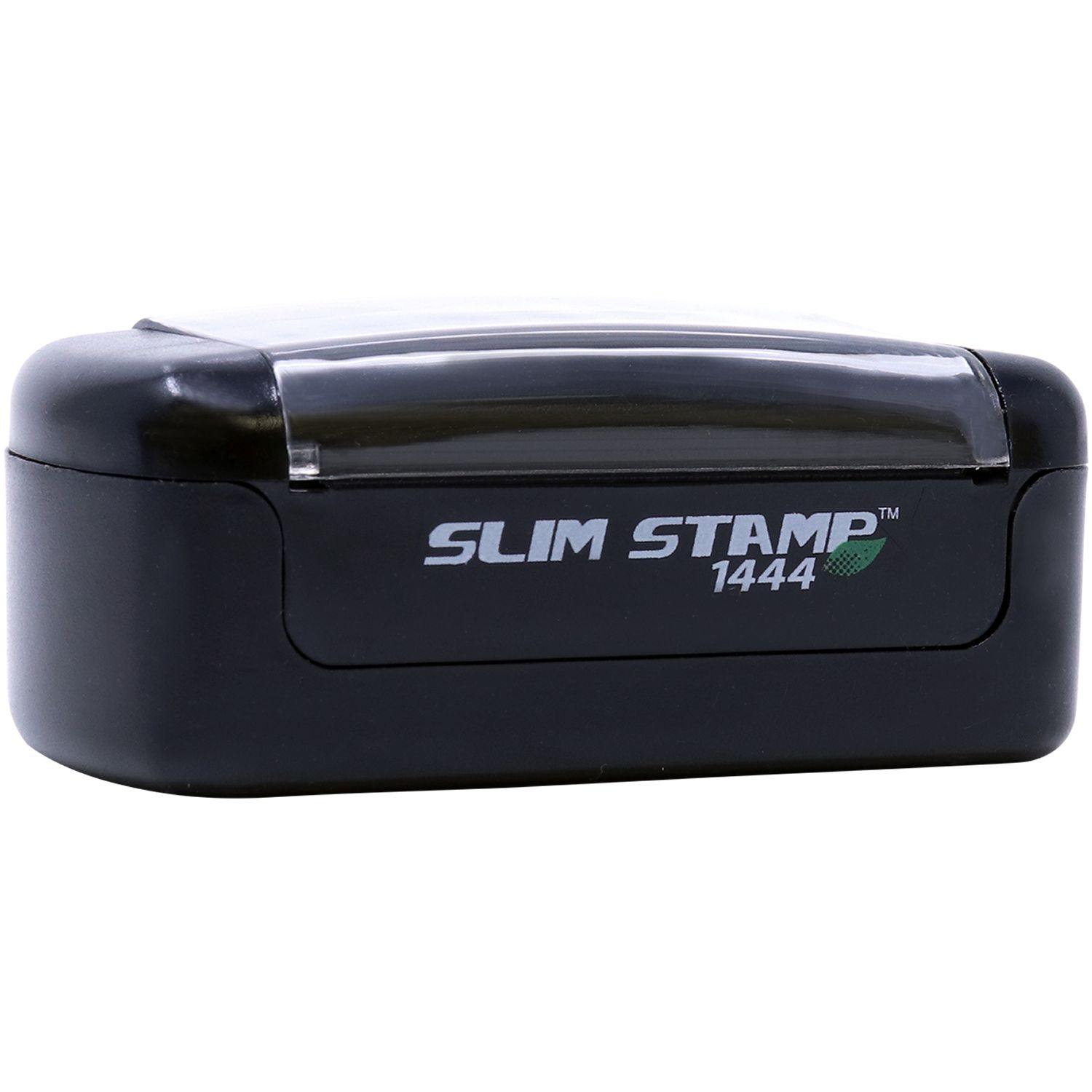 Slim Pre-Inked Not Approved For Construction Stamp, black rectangular design, compact and portable with clear protective cover.