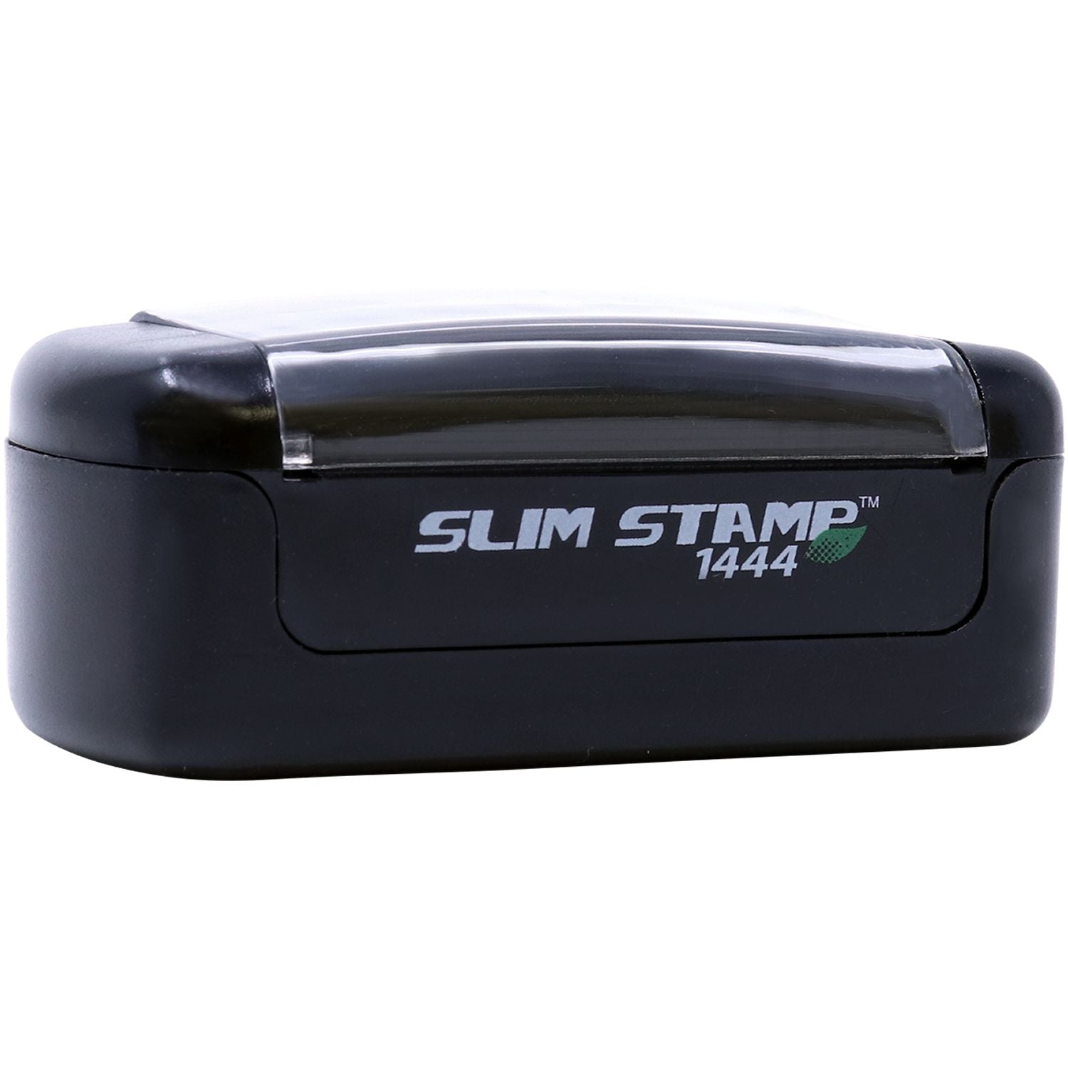 Slim Pre-Inked Essential Job Stamp, model 1444, in black with a clear cover, compact design, and green leaf logo on the side.