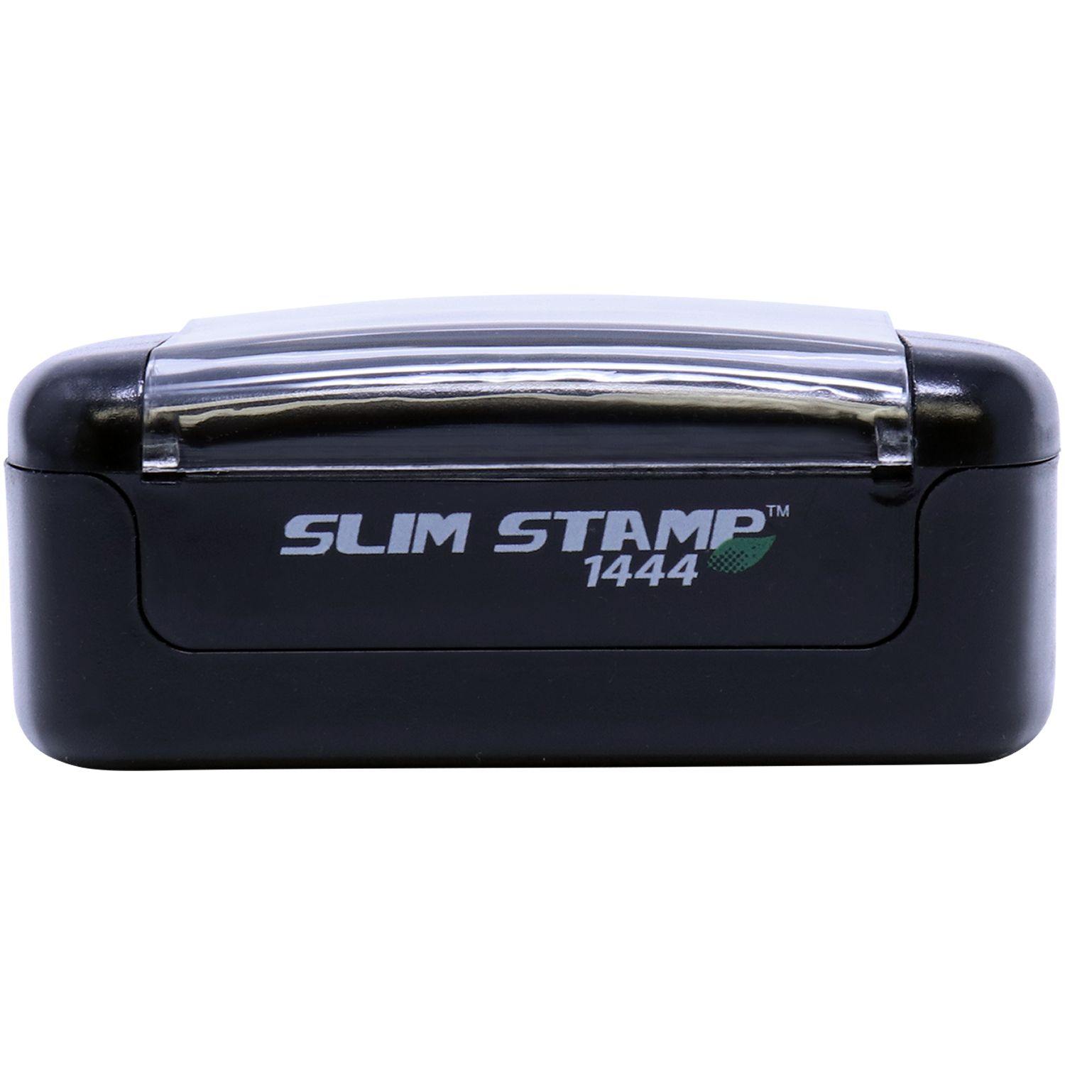 Slim Pre-Inked Not Approved For Construction Stamp, black with clear cover, model 1444, front view.