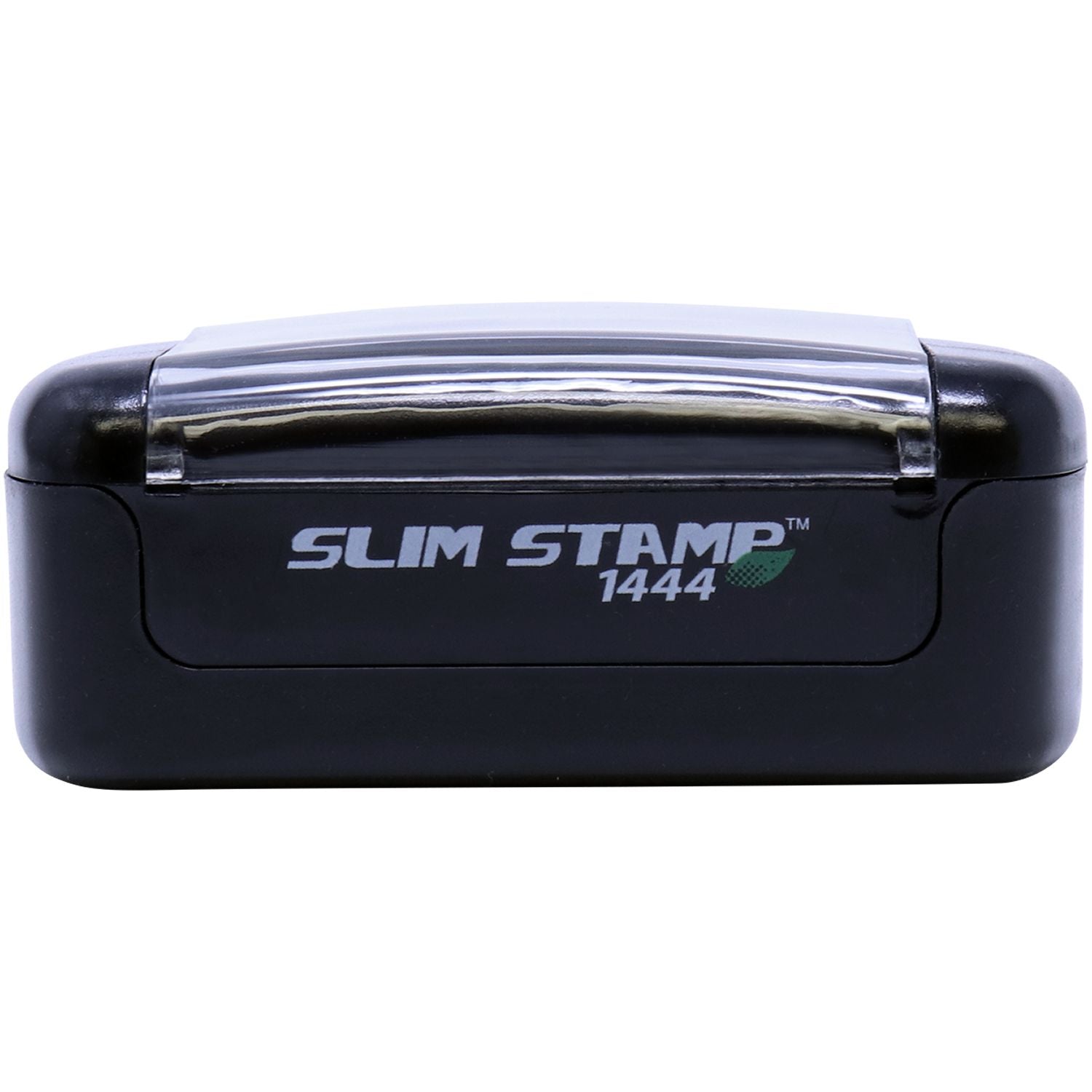 Slim Pre-Inked Essential Job Stamp, black rectangular design with clear cover, model 1444, front view.