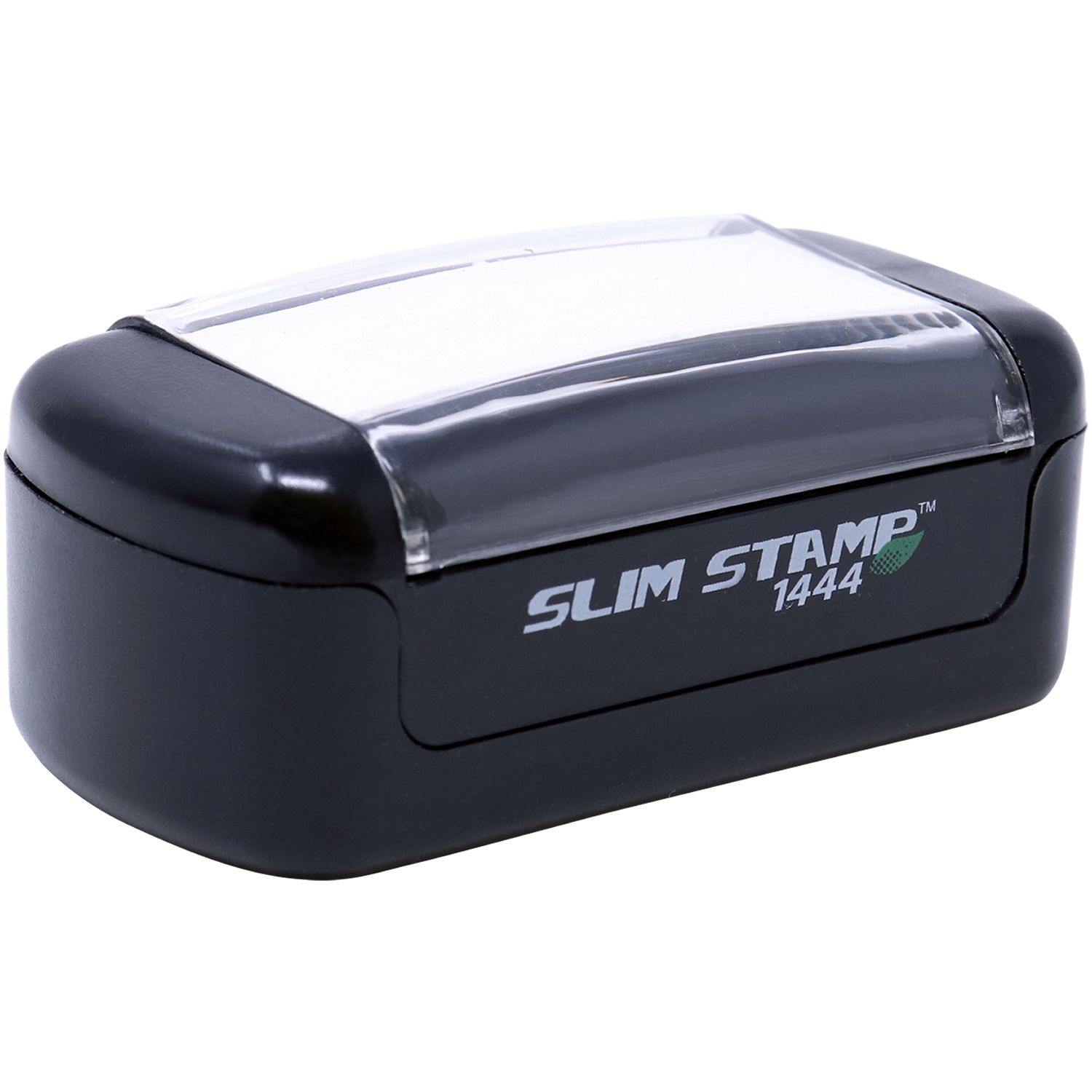 Slim Pre-Inked Not Approved For Construction Stamp, black with a clear cover, compact design, labeled Slim Stamp 1444 .