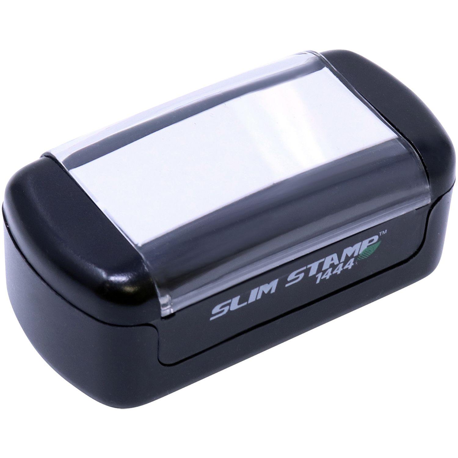 Slim Pre-Inked Not Approved For Construction Stamp, black and silver, compact design, top-down angle view.