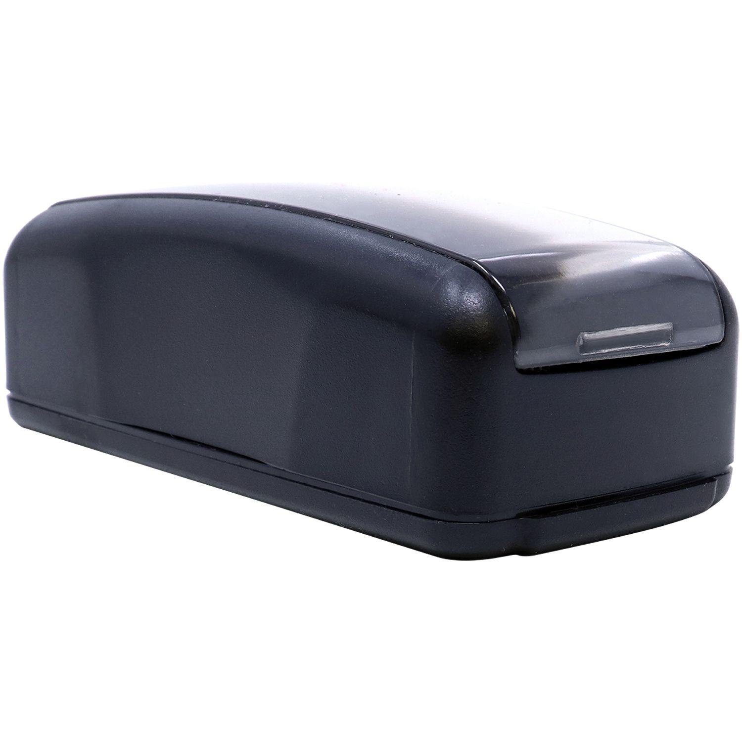 Large Pre-Inked Cancelled Stamp in a sleek black casing, shown from the back view with a transparent cover on top.