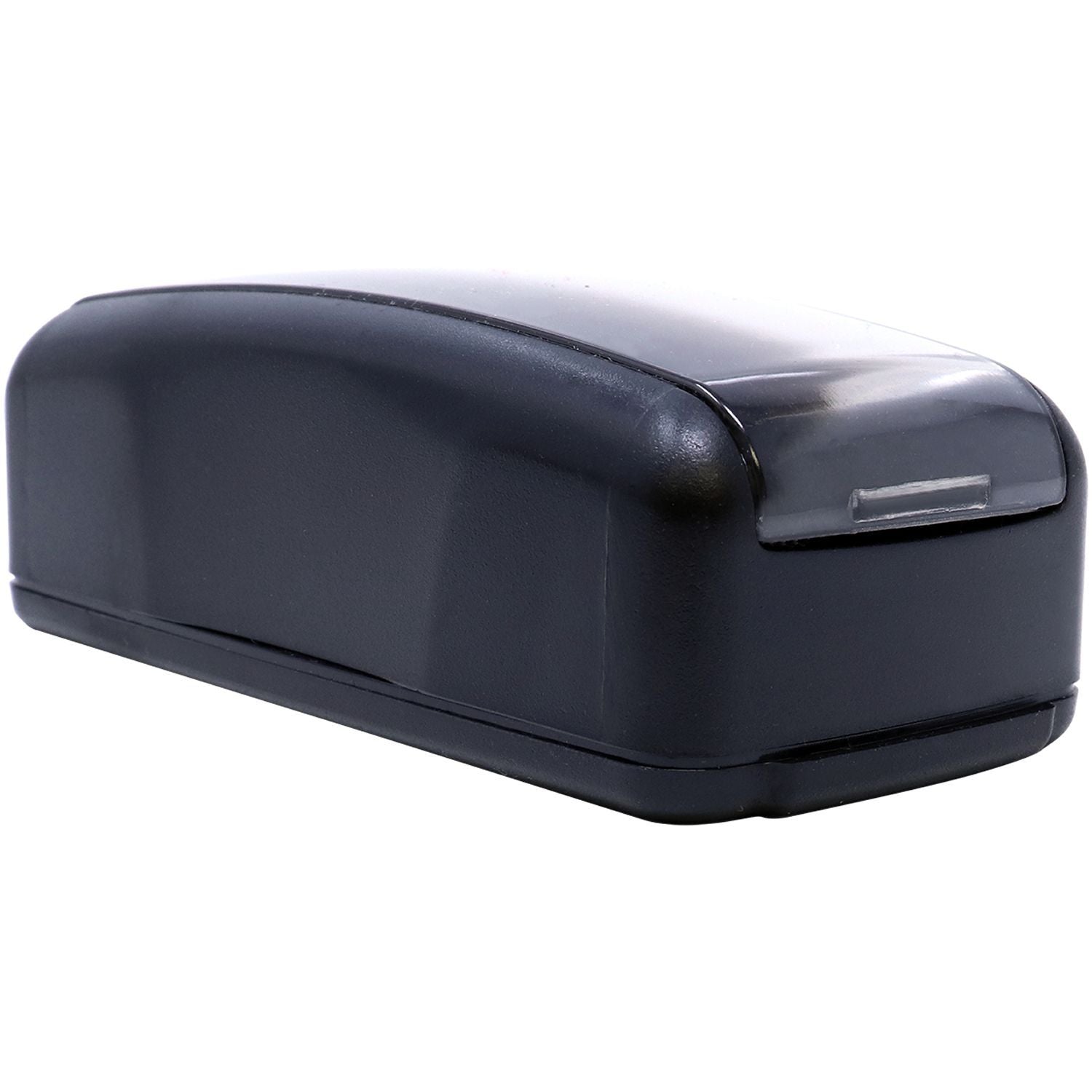 Large Pre Inked Co Pay Stamp in black casing, angled view showing the back and side.