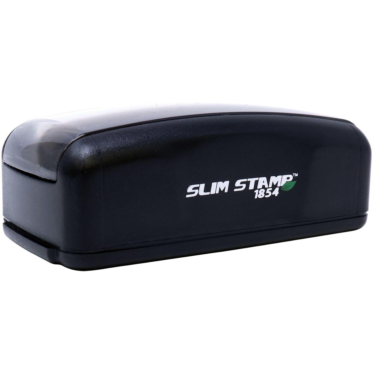 Black Large Pre-Inked Super Kid Stamp with Slim Stamp 1854 branding, compact design, and clear protective cover.