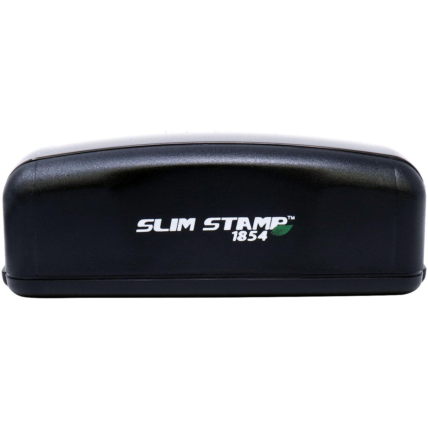 Large Pre-Inked Cash Stamp, Slim Stamp 1854, black casing, front view, compact and sleek design for efficient stamping.