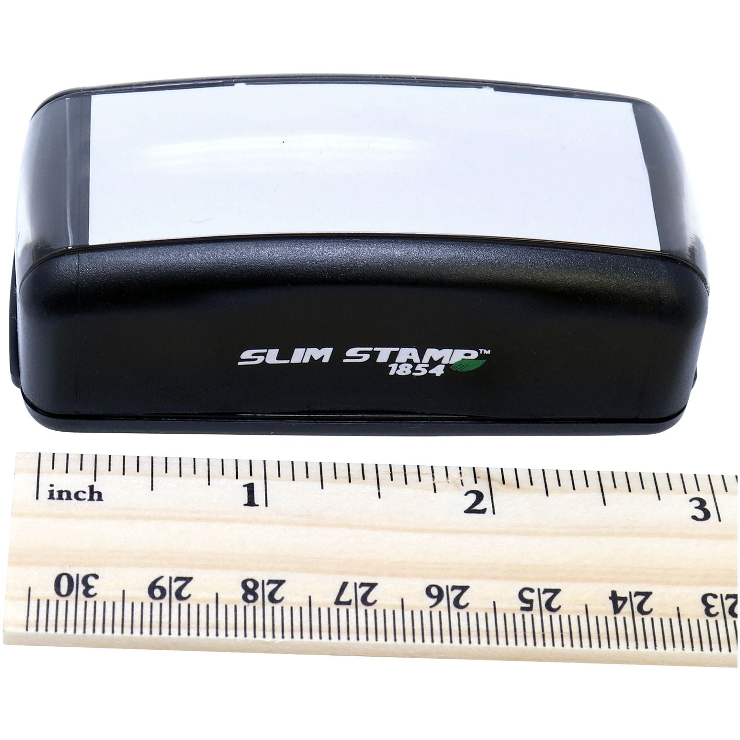 Large Pre-Inked Attorney-Client Privilege Stamp, black with white label, next to a ruler showing its compact size.