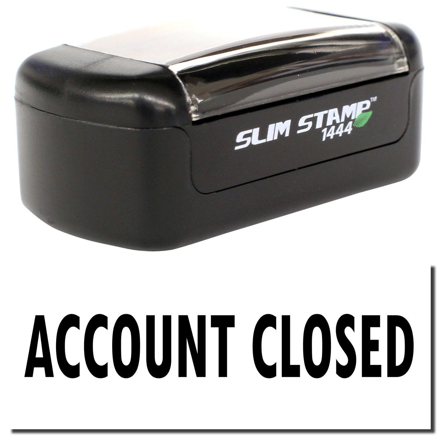 A stock office pre-inked stamp with a stamped image showing how the text ACCOUNT CLOSED is displayed after stamping.