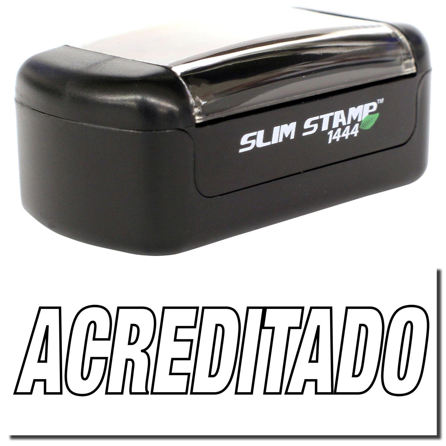 A stock office pre-inked stamp with a stamped image showing how the text ACREDITADO in an outline font is displayed after stamping.