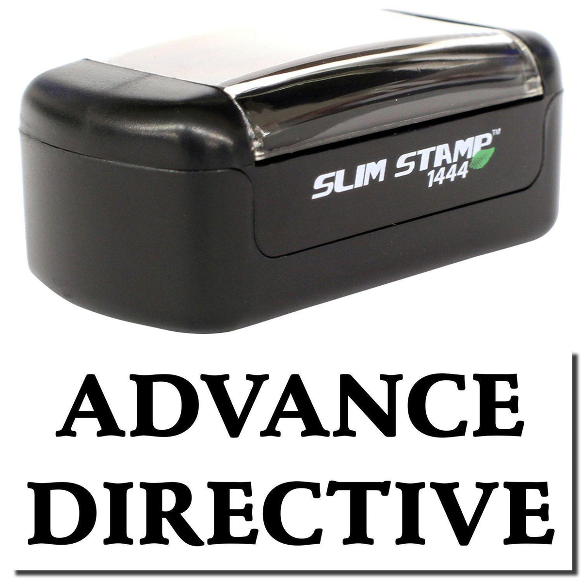 A stock office pre-inked stamp with a stamped image showing how the text &quot;ADVANCE DIRECTIVE&quot; is displayed after stamping.