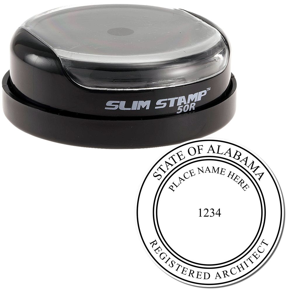 The main image for the Slim Pre-Inked Alabama Architect Seal Stamp depicting a sample of the imprint and electronic files