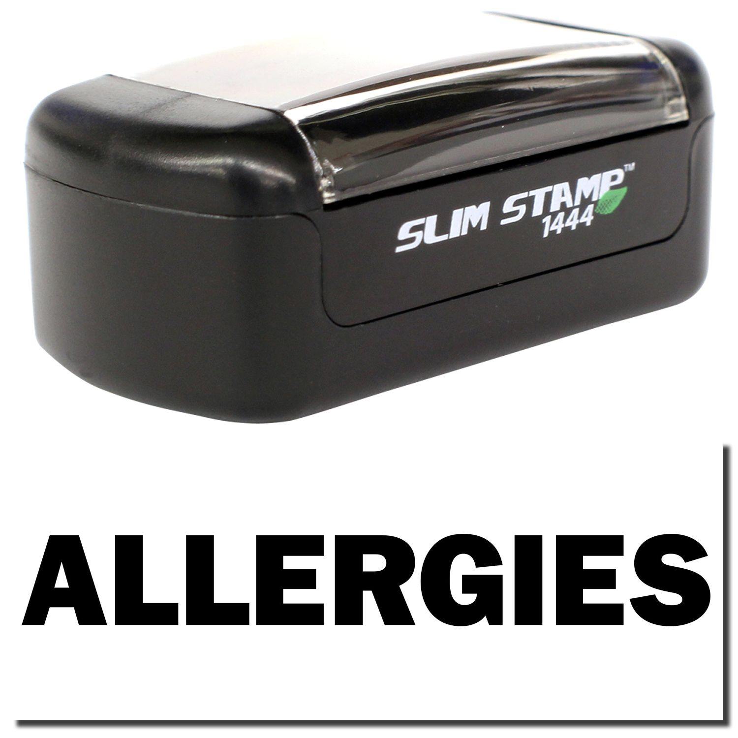 A stock office pre-inked stamp with a stamped image showing how the text ALLERGIES is displayed after stamping.