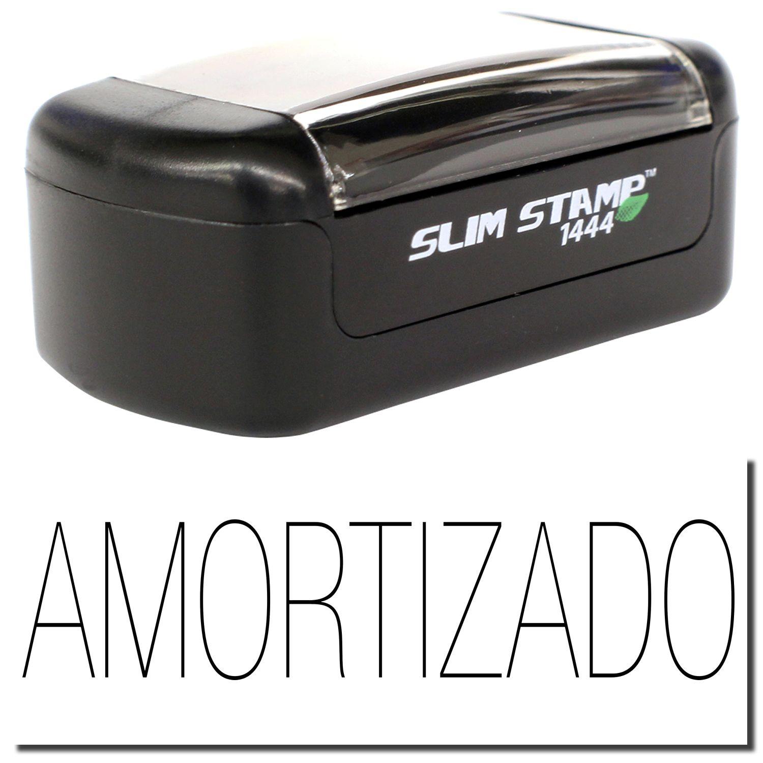 A stock office pre-inked stamp with a stamped image showing how the text AMORTIZADO is displayed after stamping.