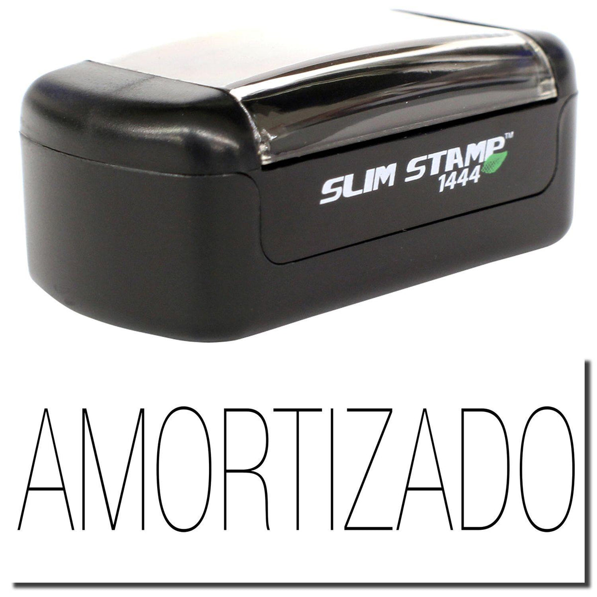 A stock office pre-inked stamp with a stamped image showing how the text &quot;AMORTIZADO&quot; is displayed after stamping.