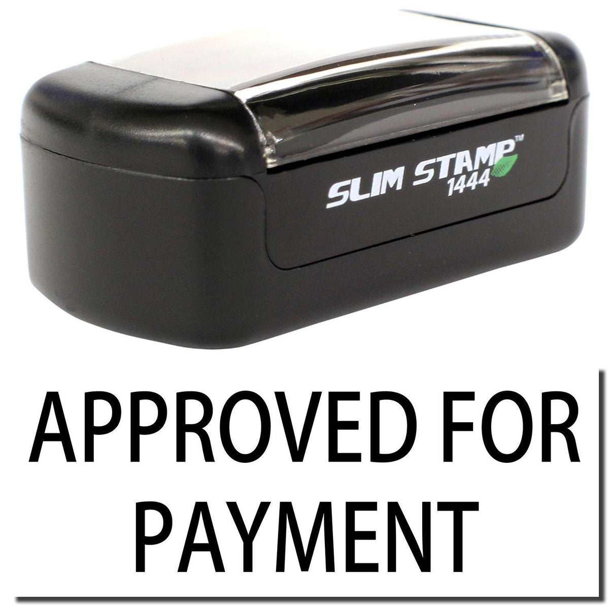 A stock office pre-inked stamp with a stamped image showing how the text &quot;APPROVED FOR PAYMENT&quot; is displayed after stamping.