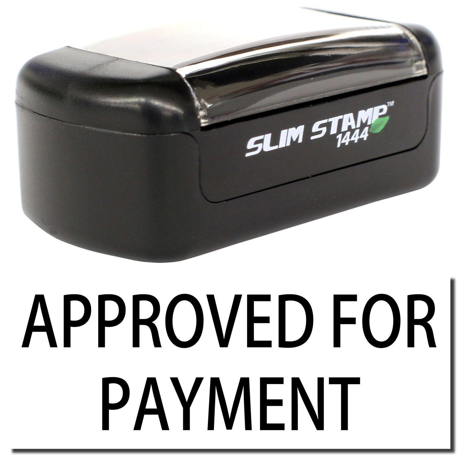 A stock office pre-inked stamp with a stamped image showing how the text "APPROVED FOR PAYMENT" is displayed after stamping.