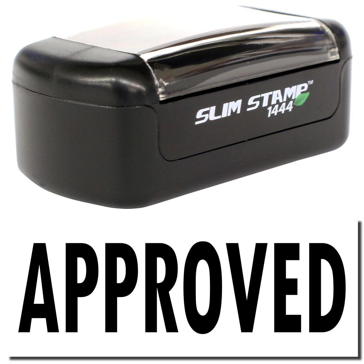 A stock office pre-inked stamp with a stamped image showing how the text APPROVED is displayed after stamping.